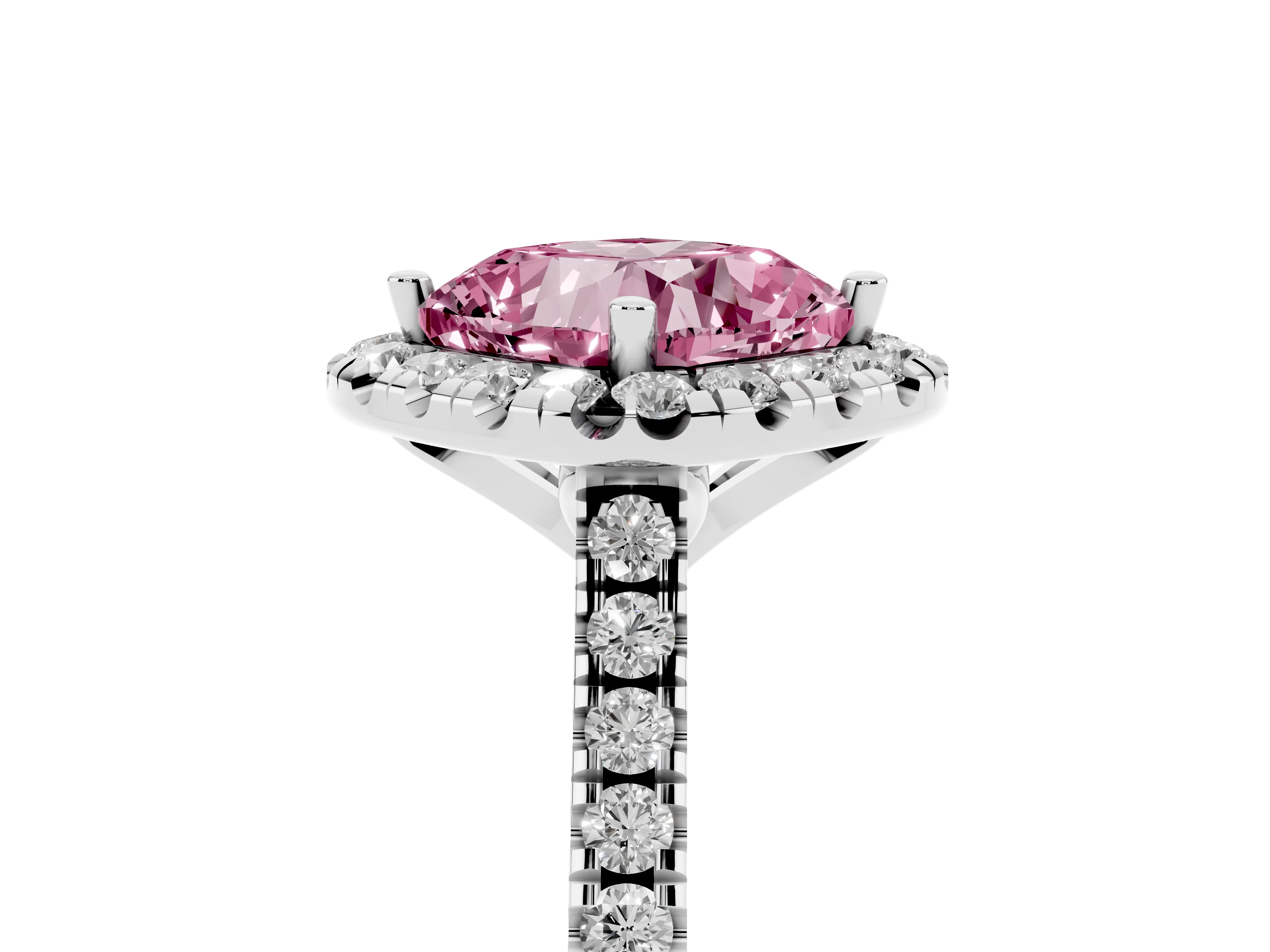 Fancy Pink Cushion Cut Diamond Cushion Halo Ring Set in Silver with Pavé Band