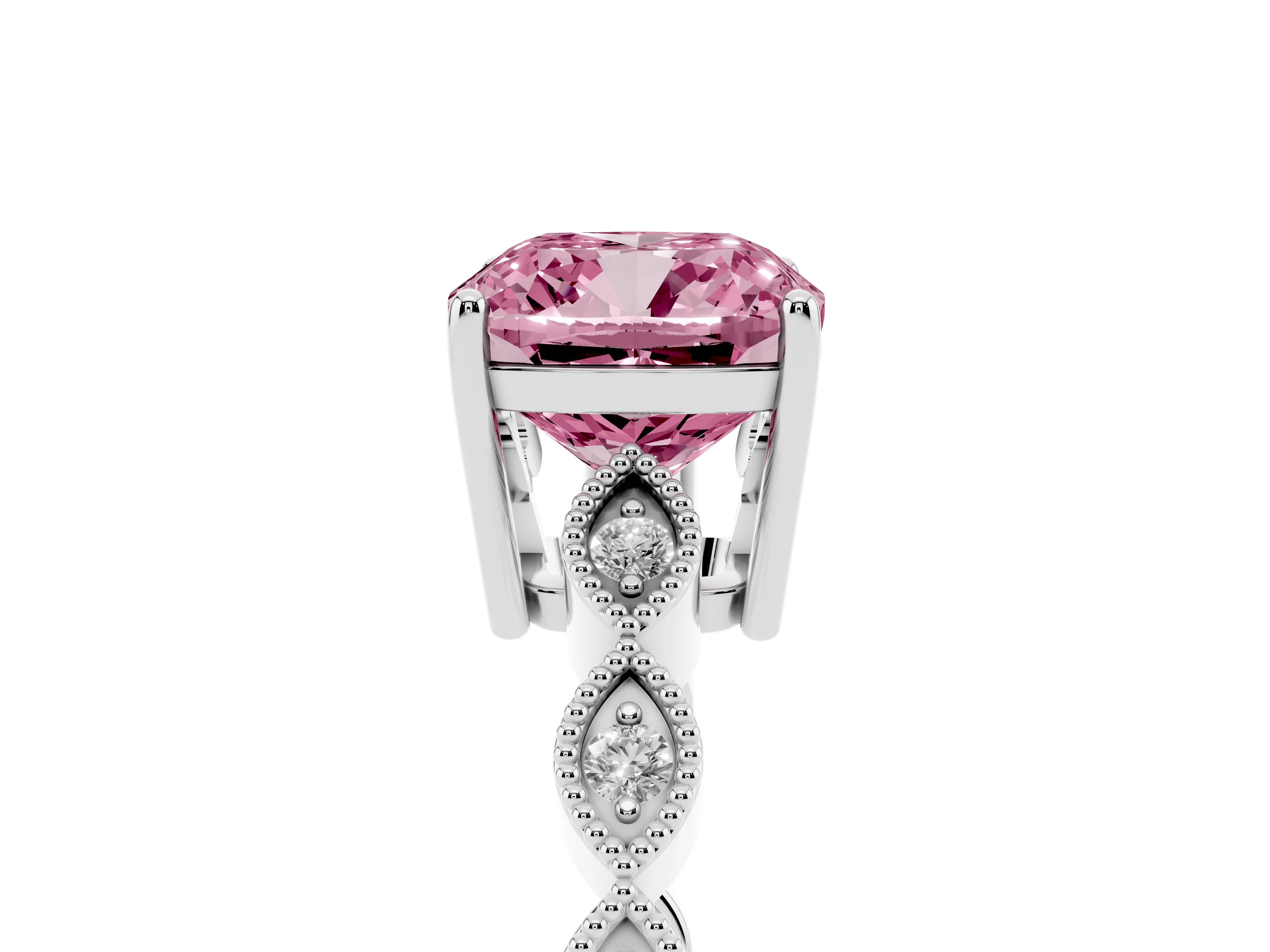 Fancy Pink Cushion Cut Diamond Solitaire Ring Set in Silver with Infinity Twist Pavé Band