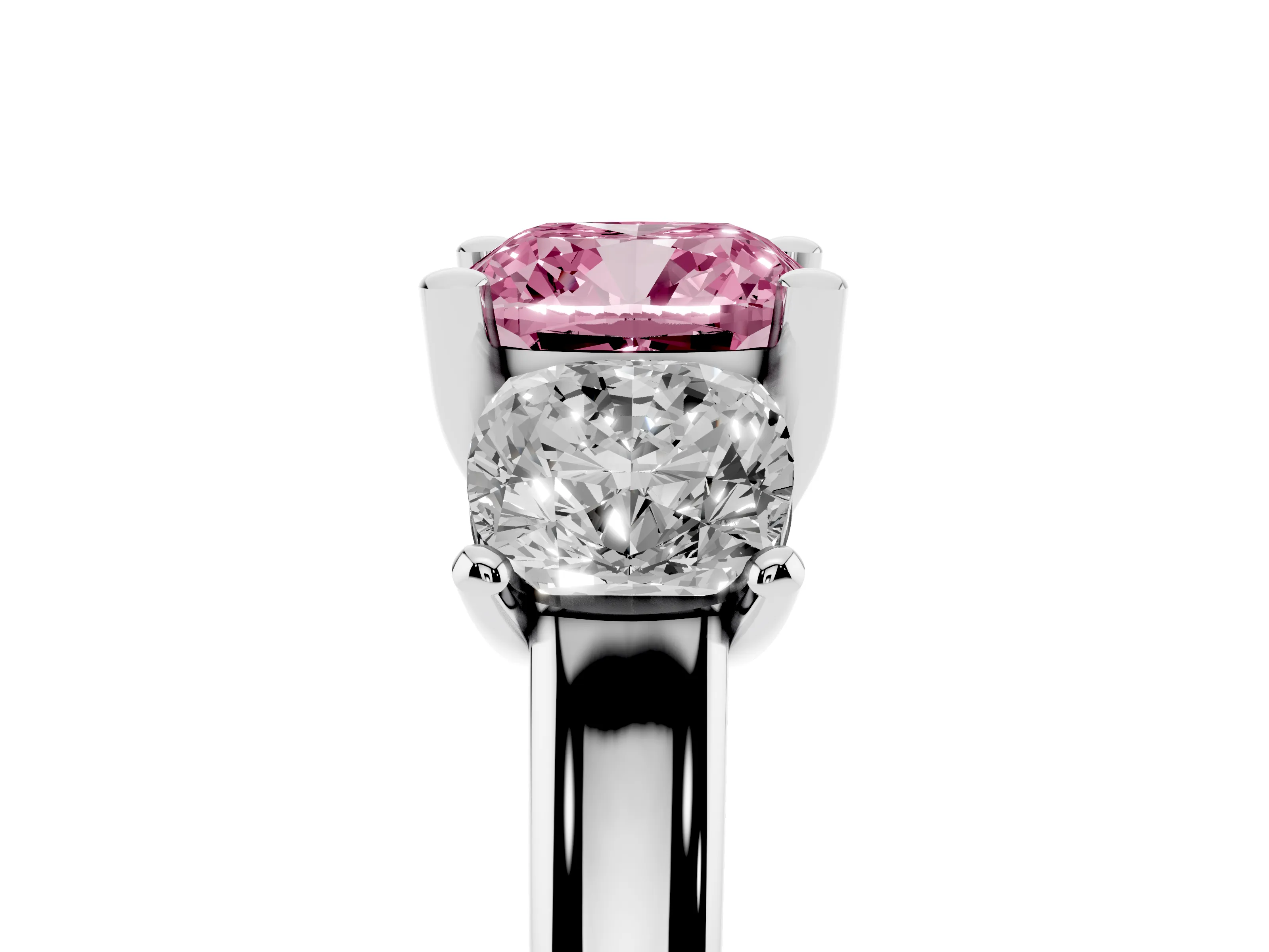 Fancy Pink Cushion Cut Diamond Three-Stone Ring Set in White gold with Classic Prong Setting and Plain Band