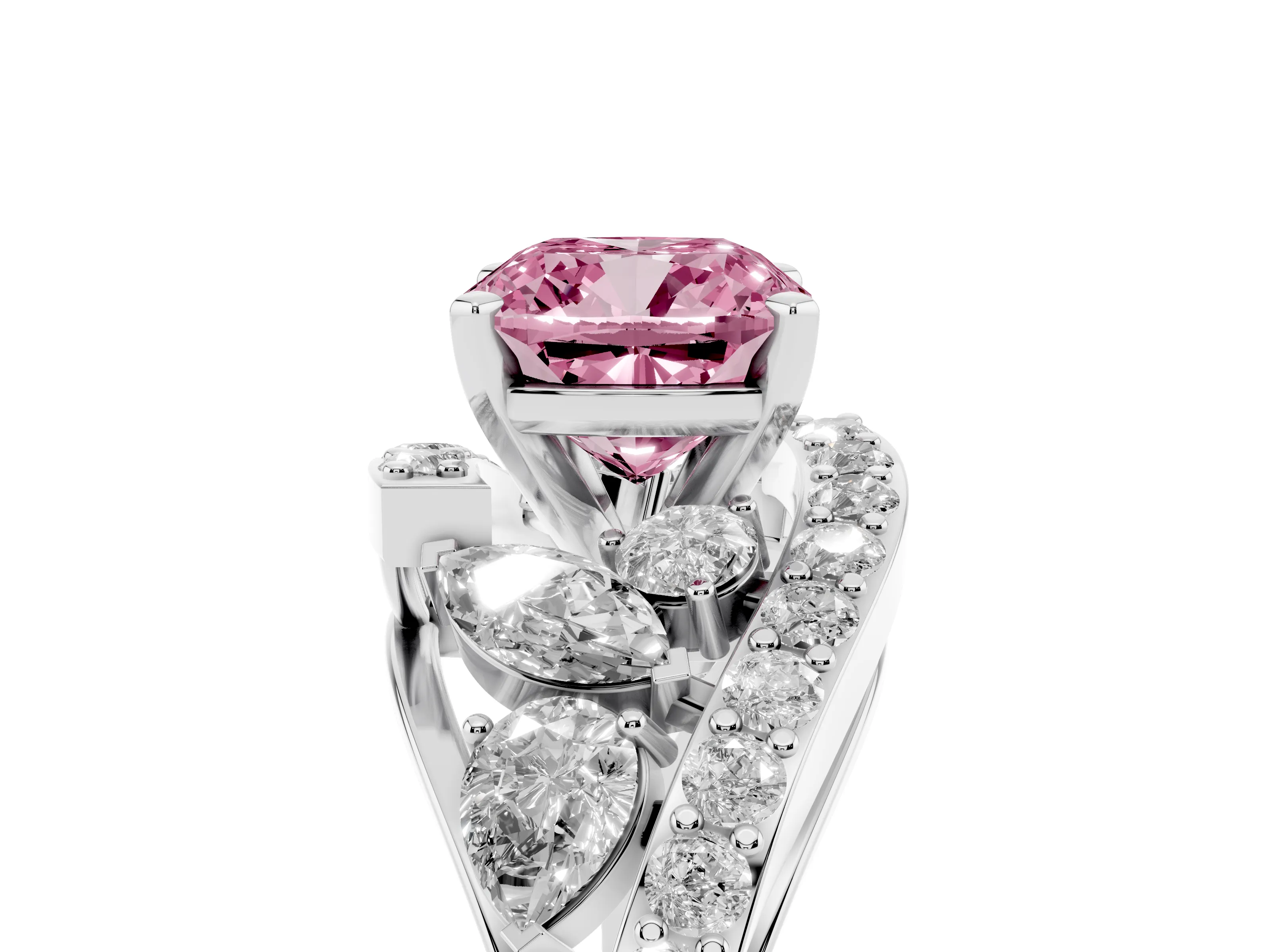Fancy Pink Cushion Cut Diamond Halo Ring Set in Platinum with Marquise and Pavé Band in Prong Setting