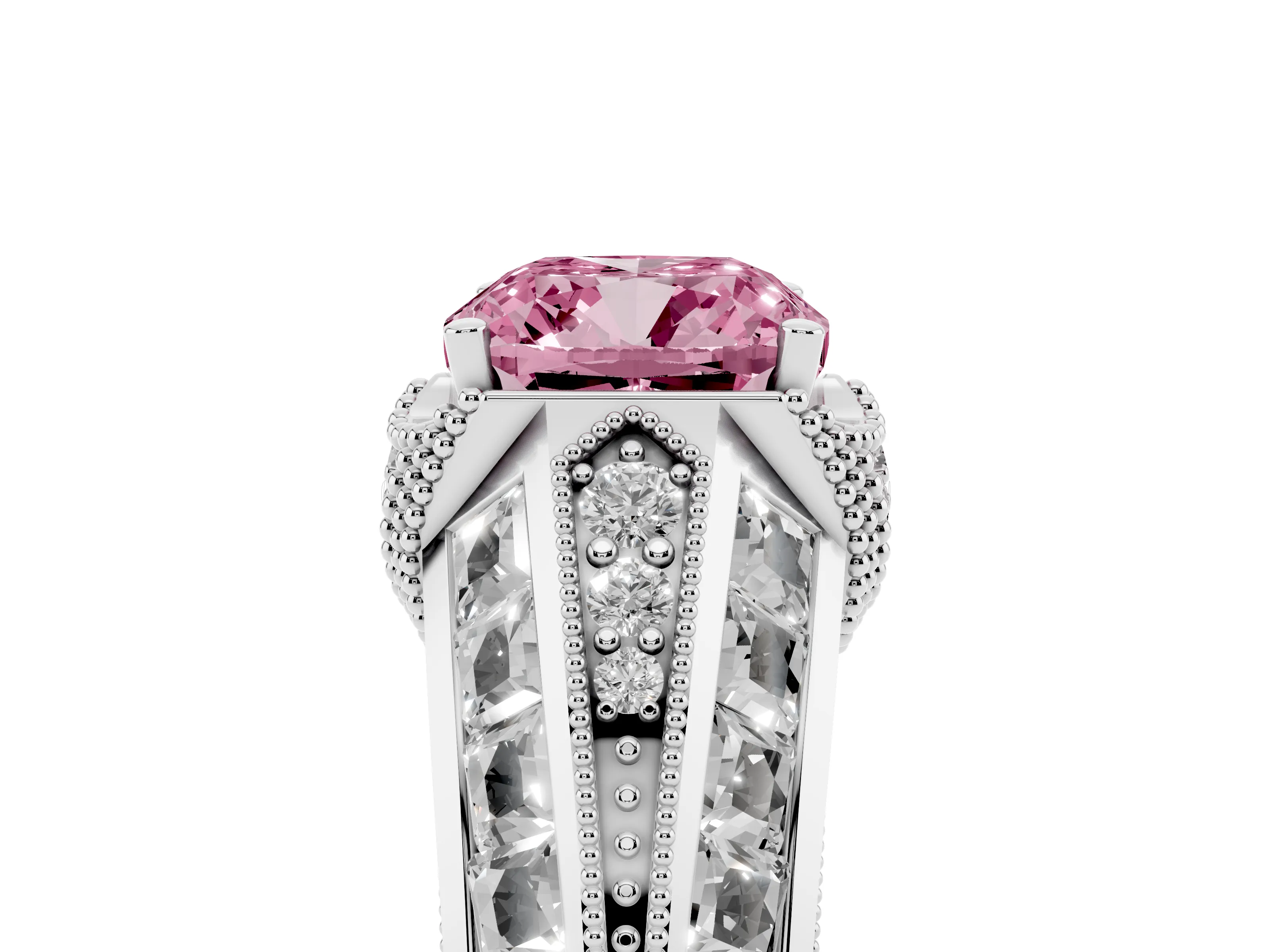 Fancy Pink Cushion Cut Diamond Vintage-Inspired Milgrain Ring Set in Silver with Accent Split Shank
