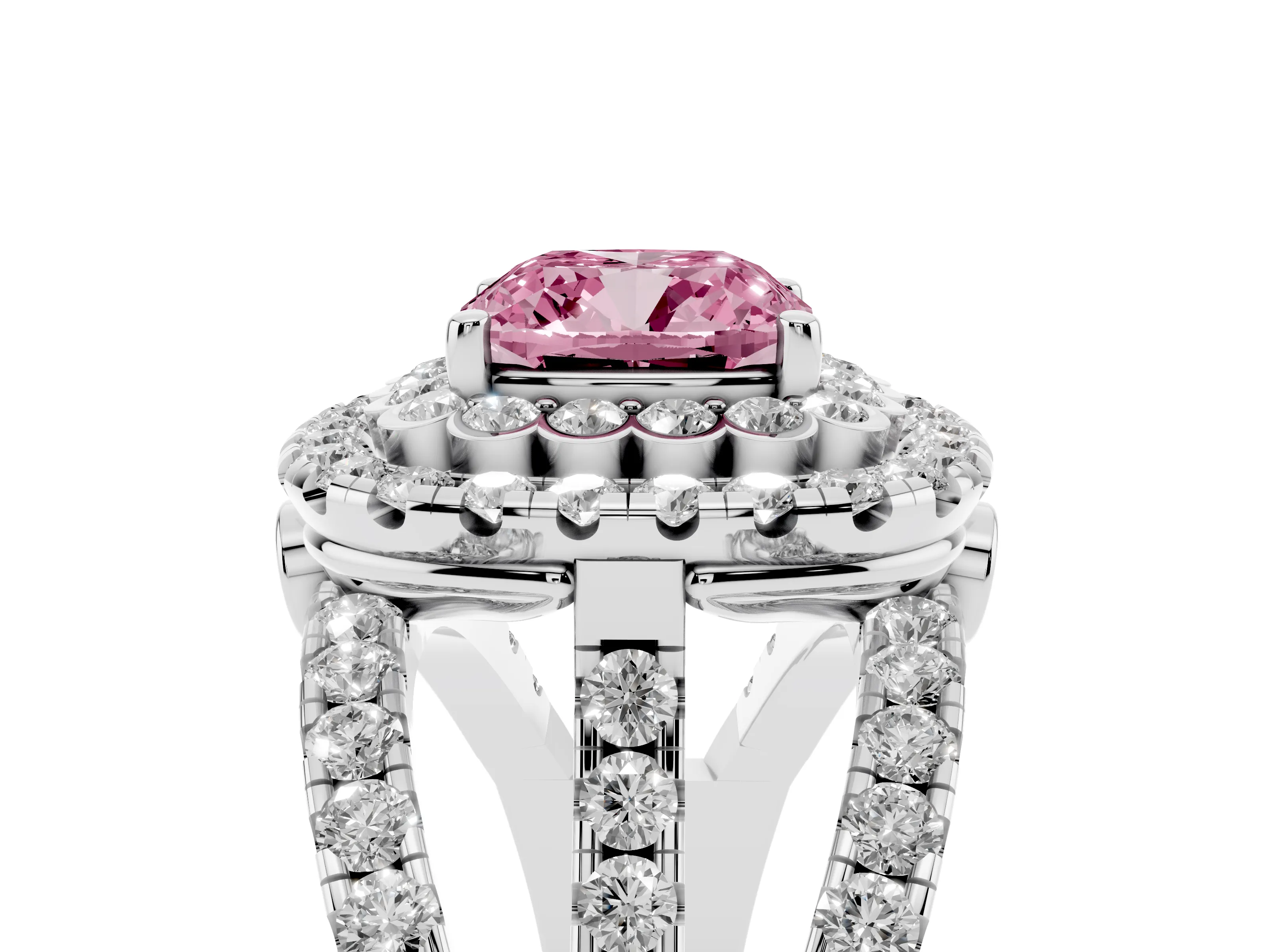 Fancy Pink Cushion Cut Diamond Double Halo Ring Set in Silver with Round Pavé Split Shank
