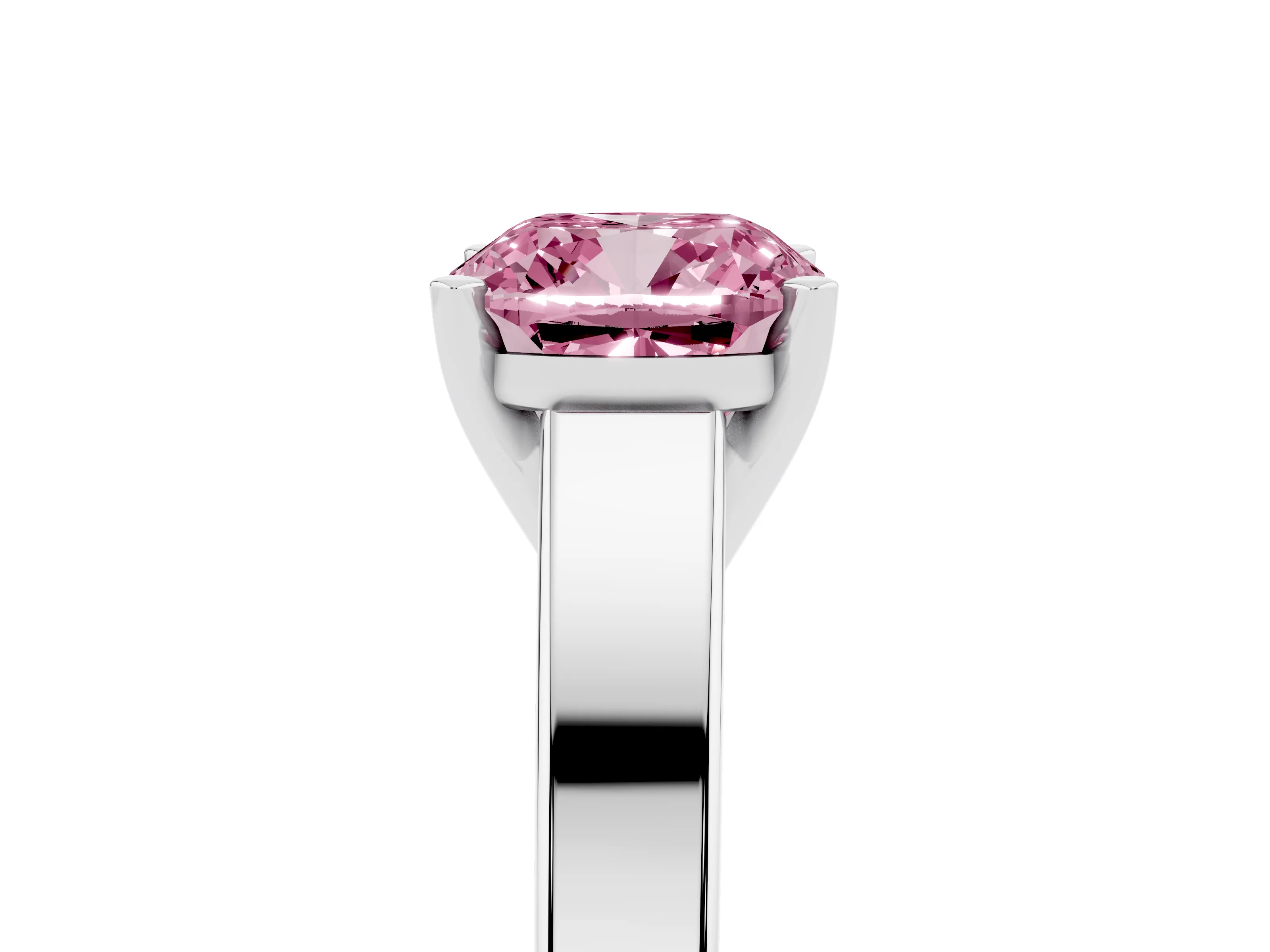 Fancy Pink Cushion Cut Diamond Solitaire Engagement Ring Set in White gold with Prong Setting and Tapered Band