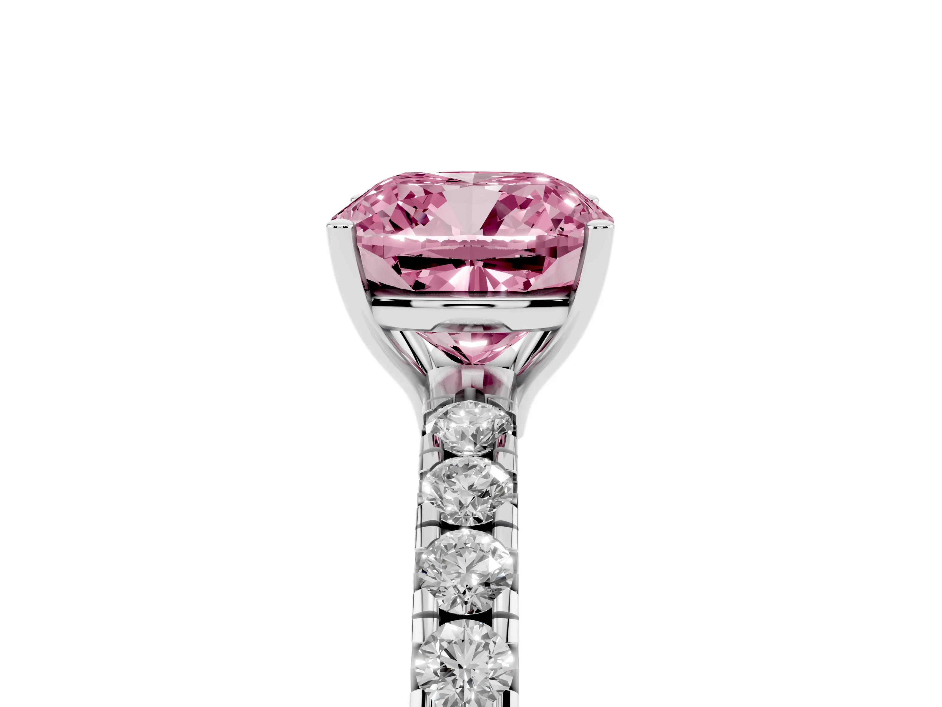 Fancy Pink Cushion Cut Diamond Pavé Solitaire Engagement Ring Set in White gold with Prong Setting