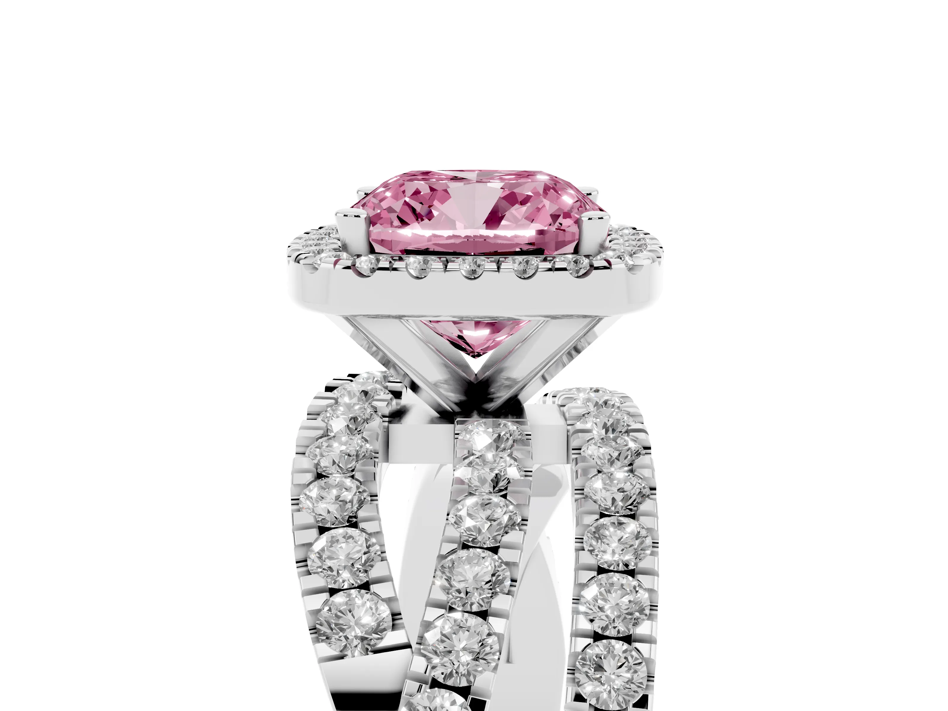Fancy Pink Cushion Cut Diamond Halo Ring Set in Platinum with Round Crossover Split Shank and Prong Setting