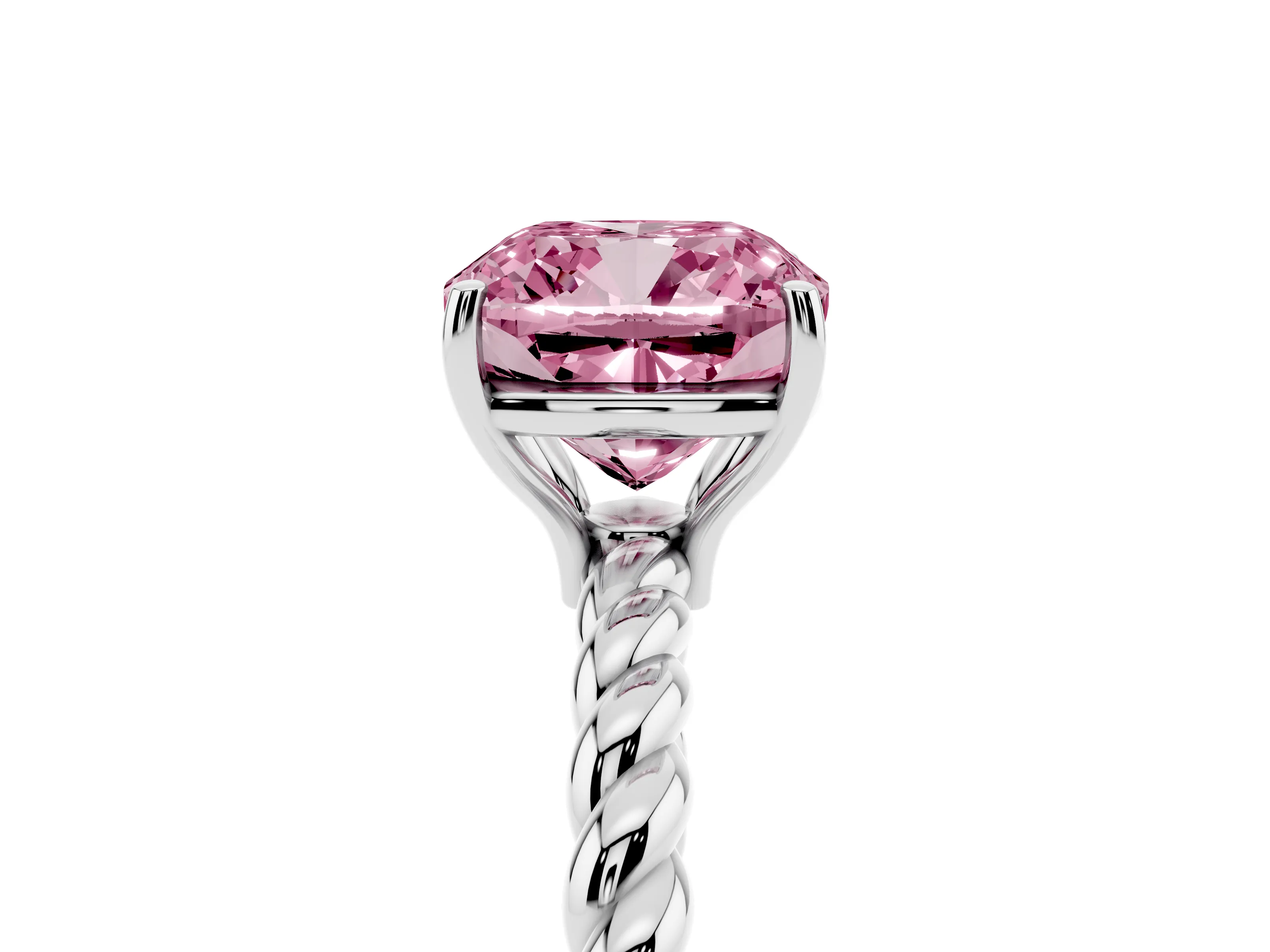 Fancy Pink Cushion Cut Diamond Solitaire Ring Set in White gold with Twist Band and Prong Setting