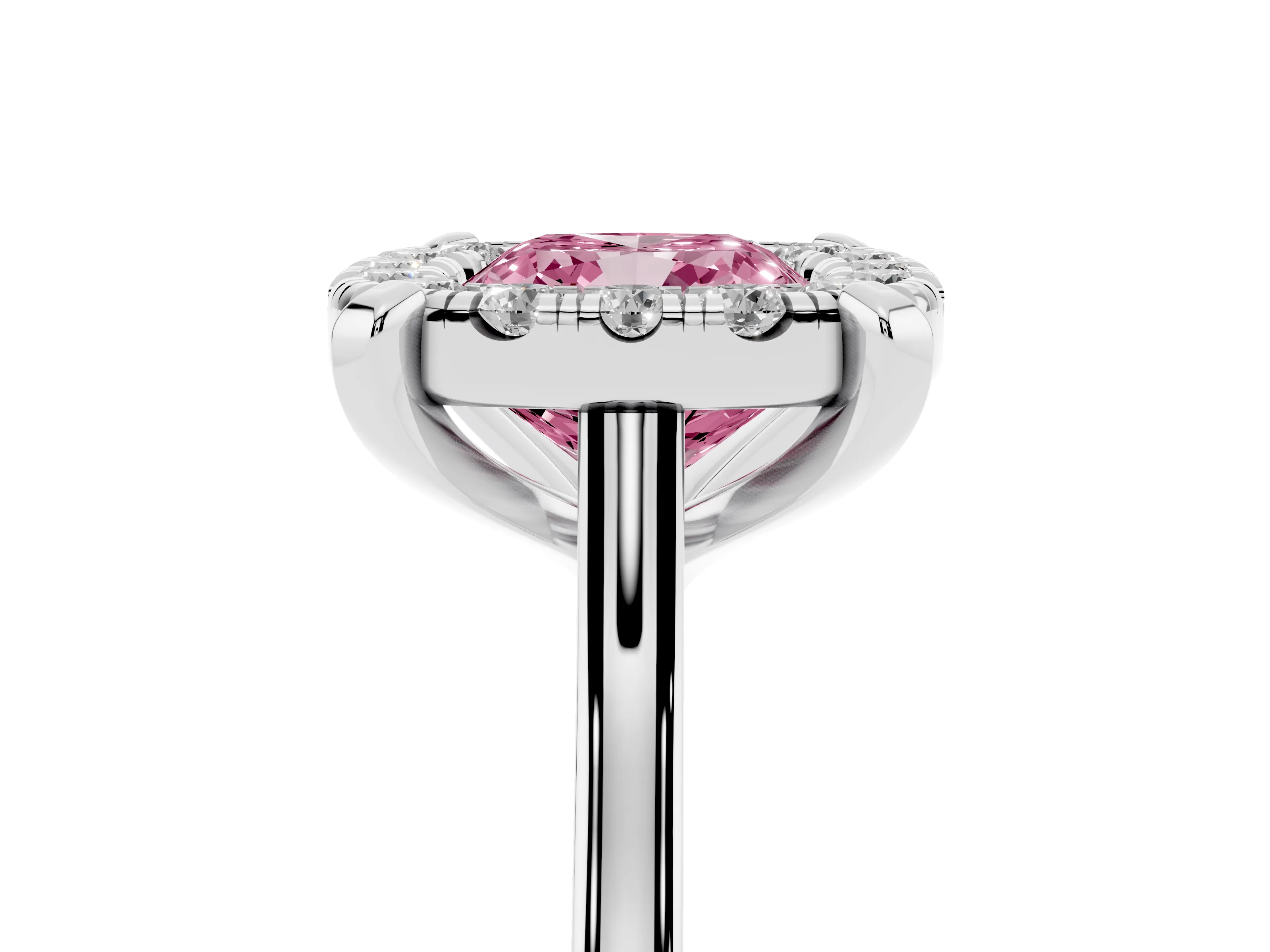Fancy Pink Cushion Cut Diamond Cluster Halo Solitaire Ring Set in Silver with Prong Setting