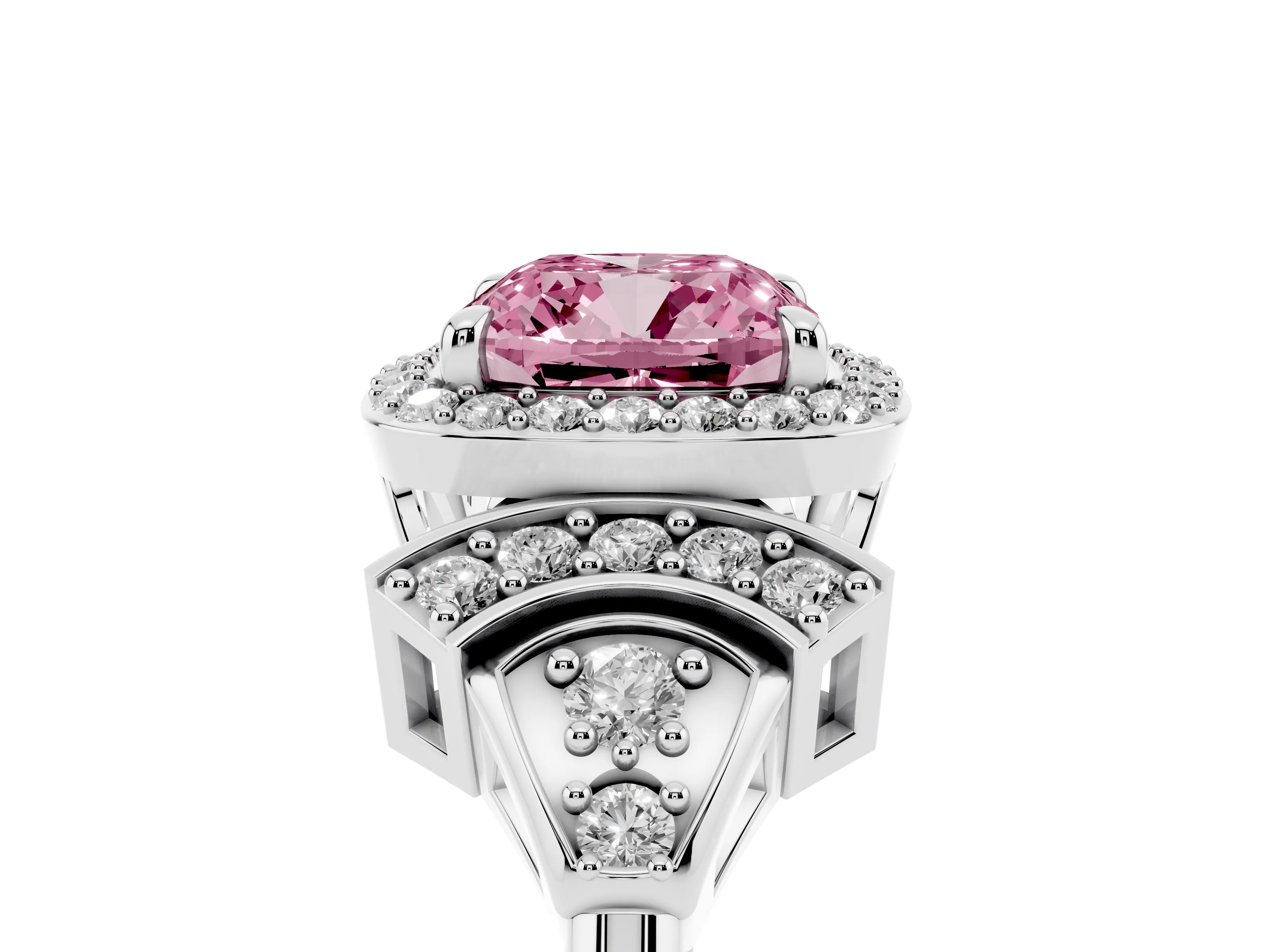 Fancy Pink Cushion Cut Diamond Halo Engagement Ring Set in Platinum with Accent Stone Split Shank