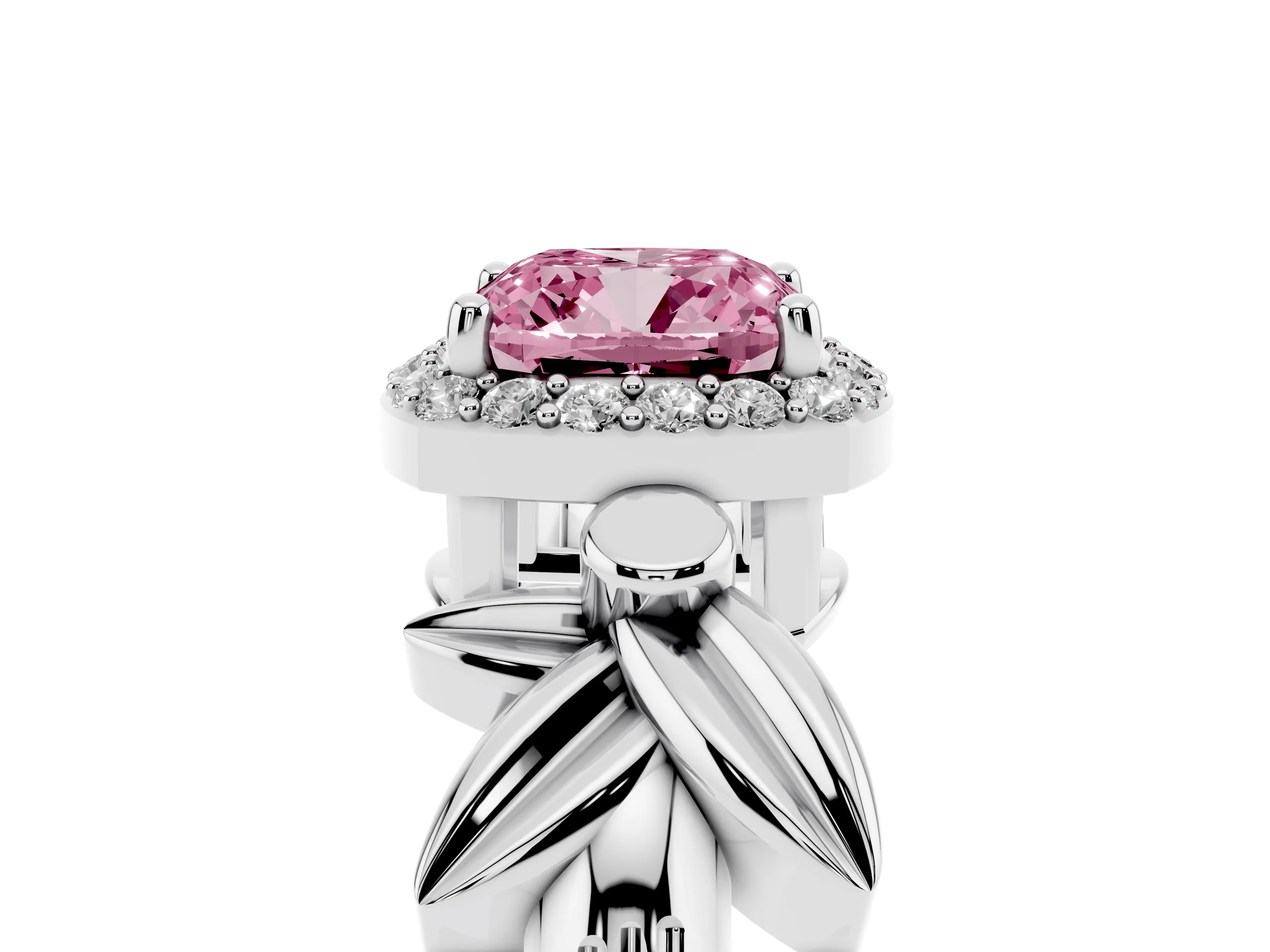 Fancy Pink Cushion Cut Diamond Halo Floral Band Ring Set in Platinum with Prong Setting