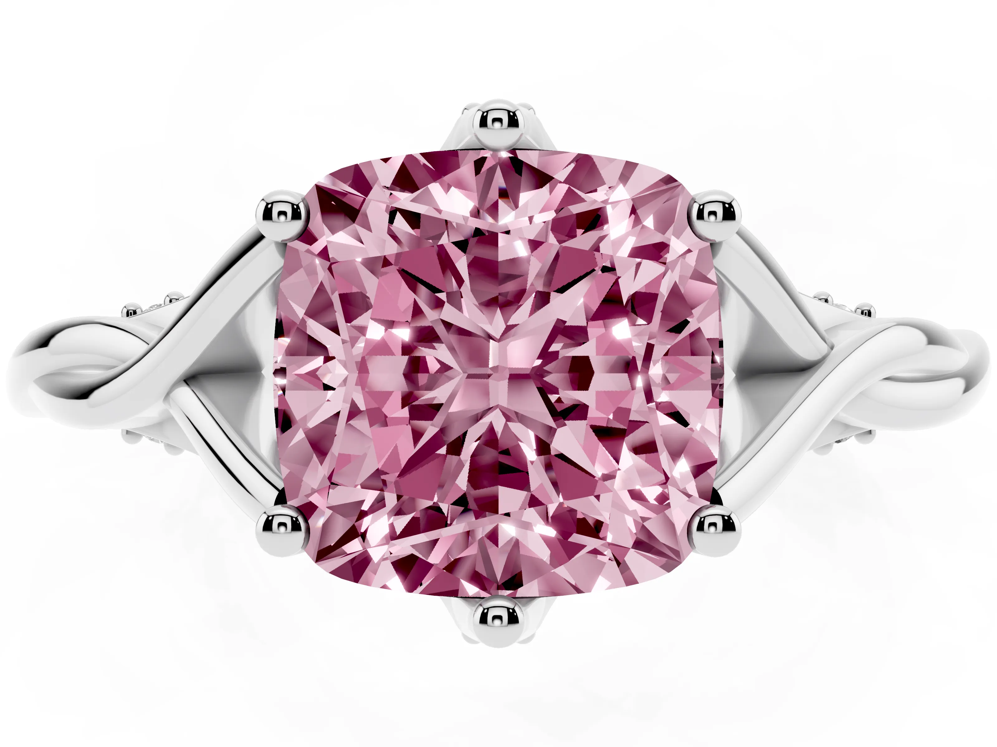 Fancy Pink Cushion Cut Diamond Intertwined Twist Band Solitaire Ring Set in White gold with Prong Setting