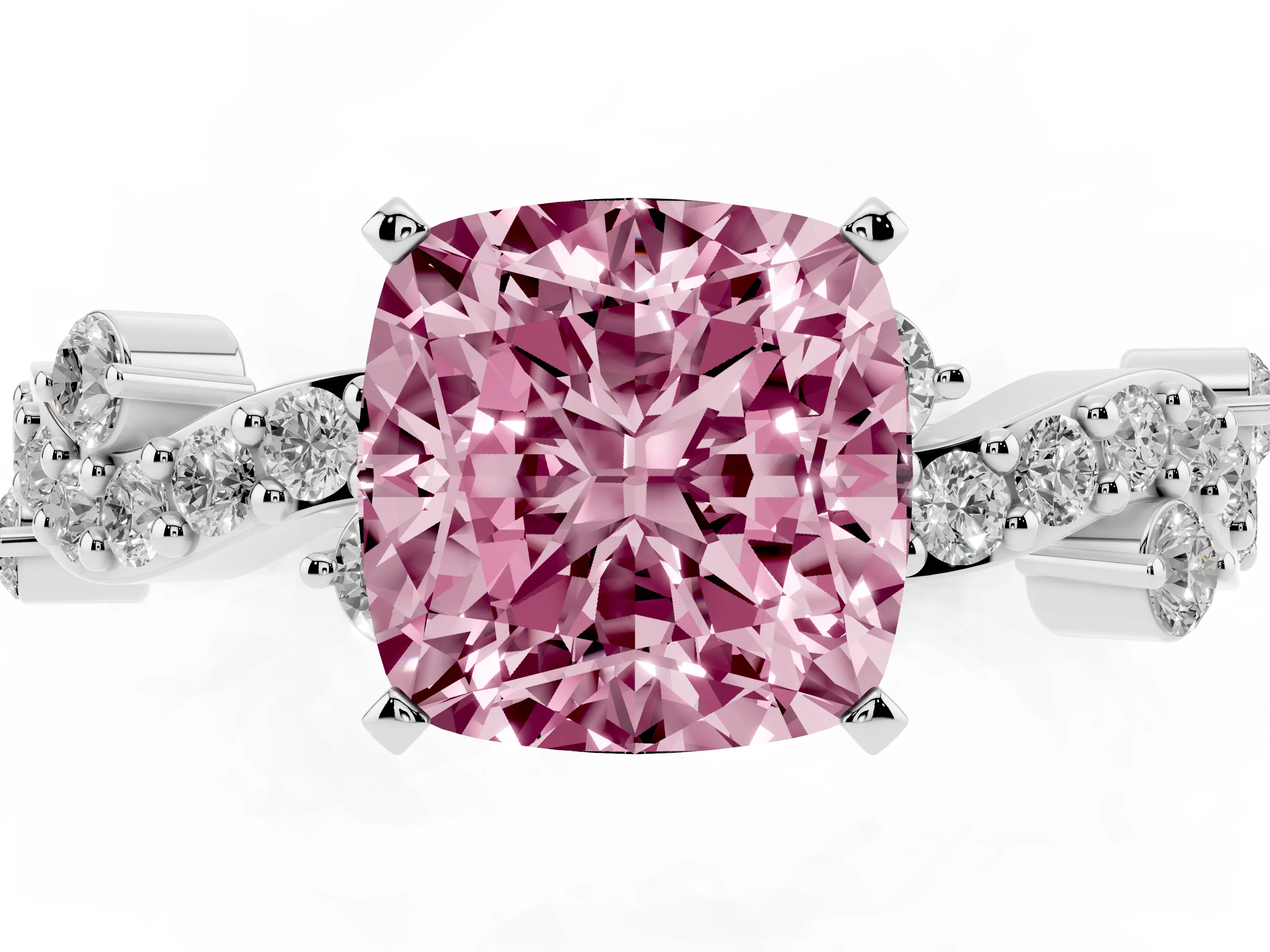 Fancy Pink Cushion Cut Diamond Solitaire Twisted Band Set in White gold with Pavé Setting