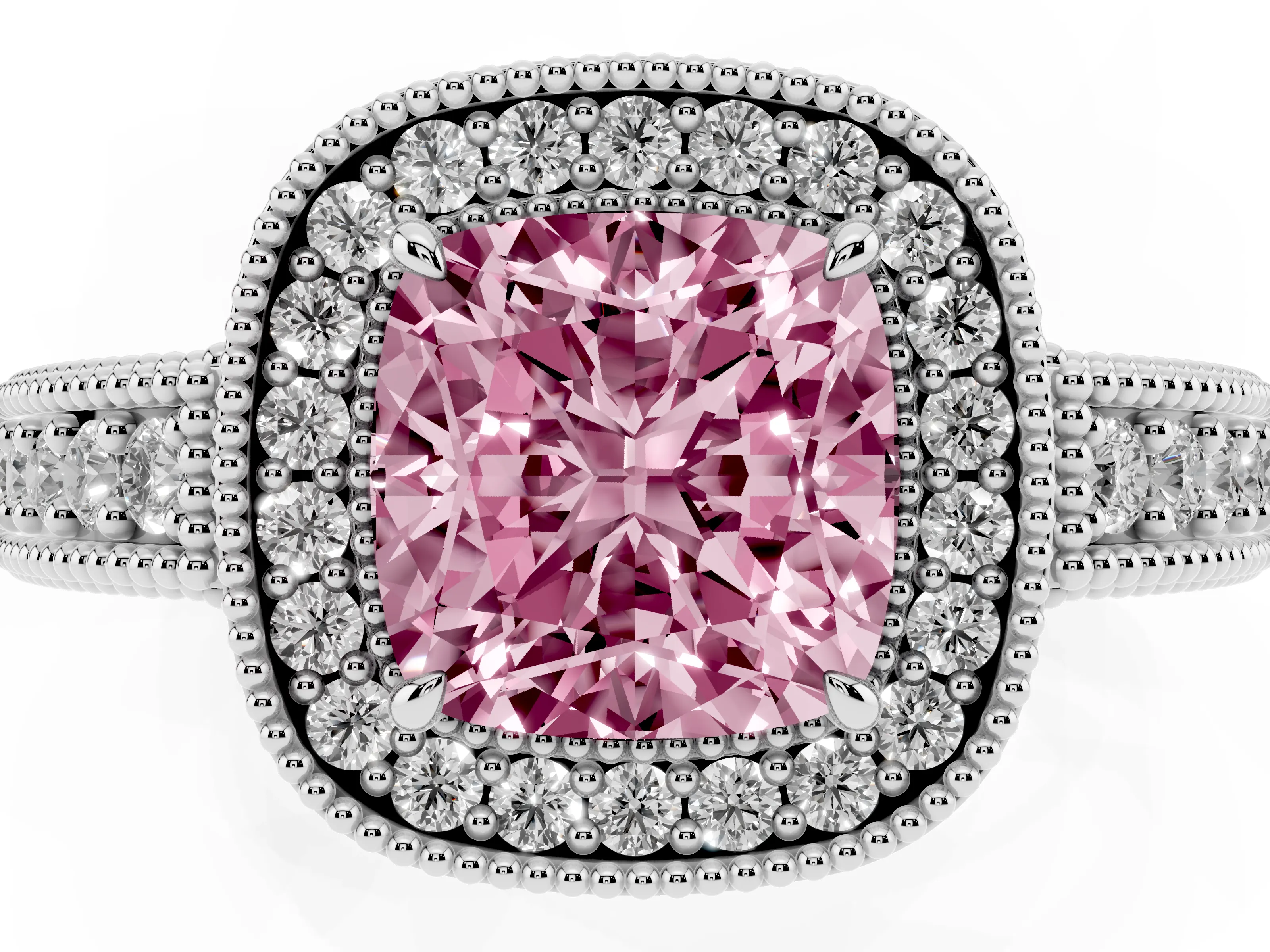 Fancy Pink Cushion Cut Diamond Halo Ring Set in Platinum with Round Accent Halo, Pavé Band and Prong Setting