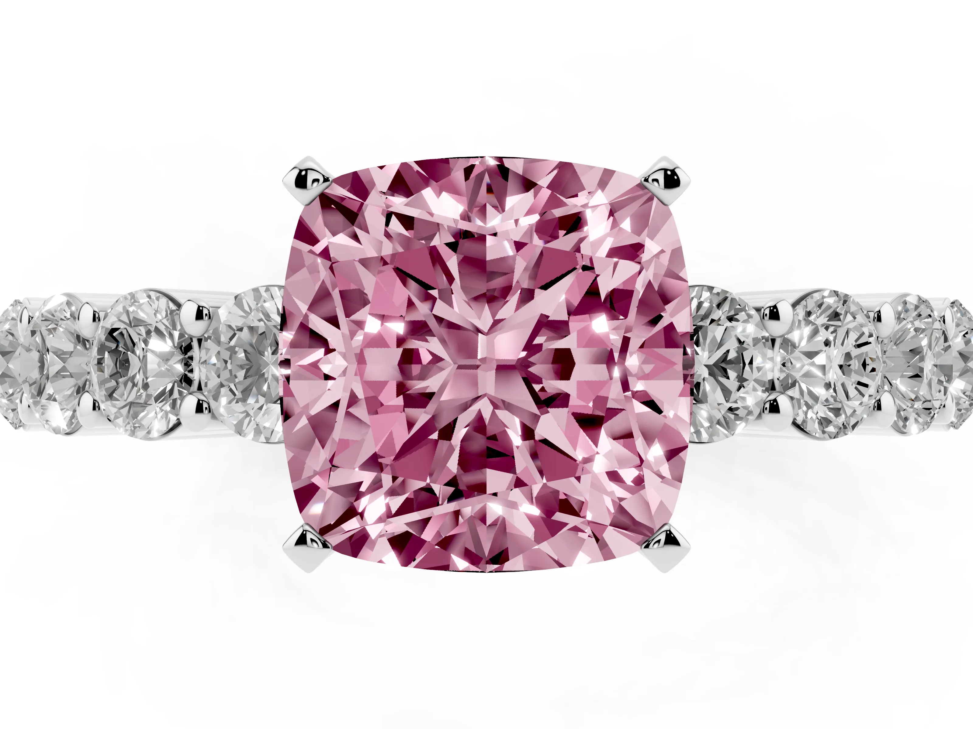 Fancy Pink Cushion Cut Diamond Solitaire Ring Set in Silver with Shared Prong Round Side Stones