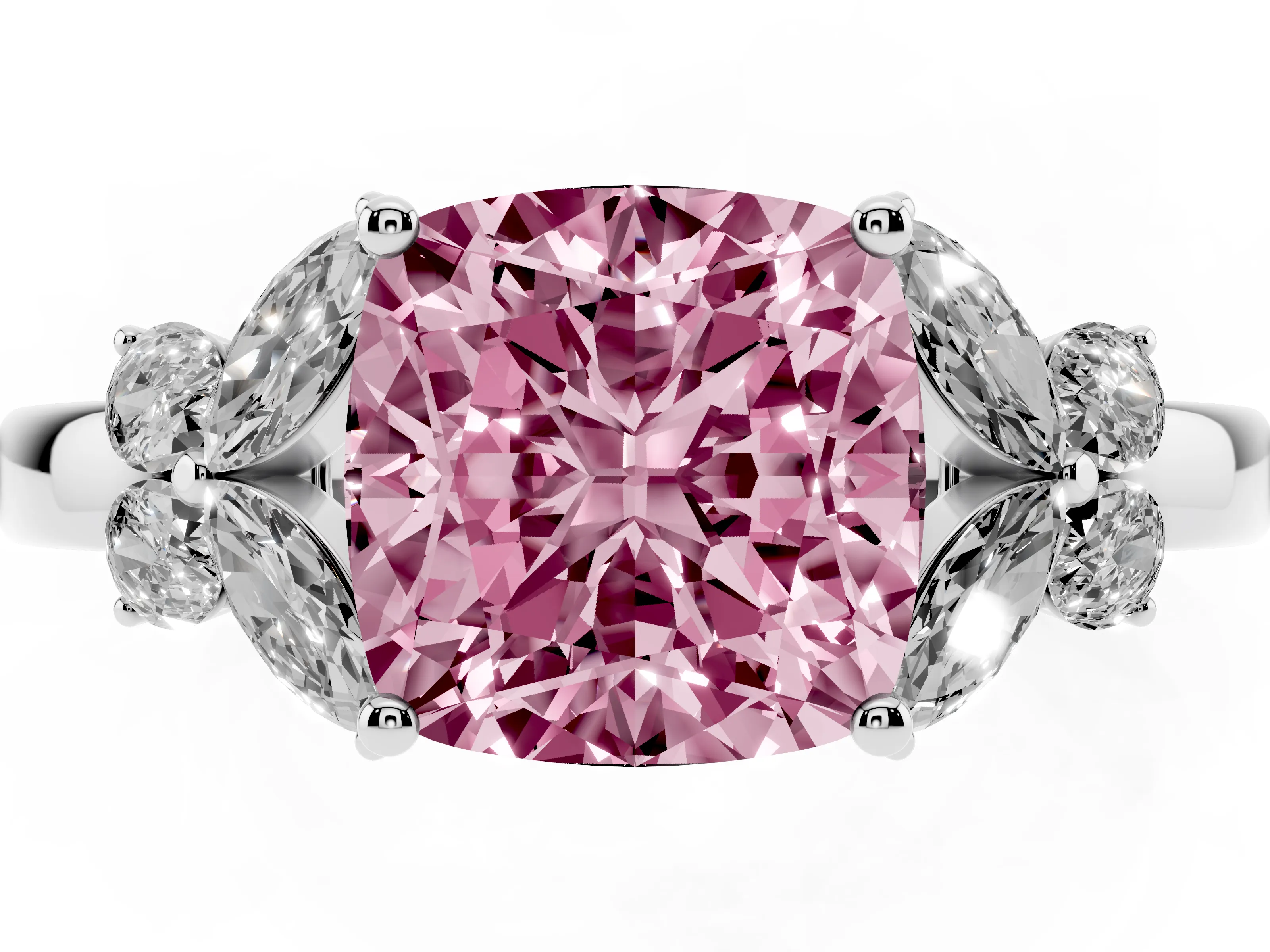 Fancy Pink Cushion Cut Diamond Solitaire Floral Ring Set in White gold with Marquise Petals and Prong Setting