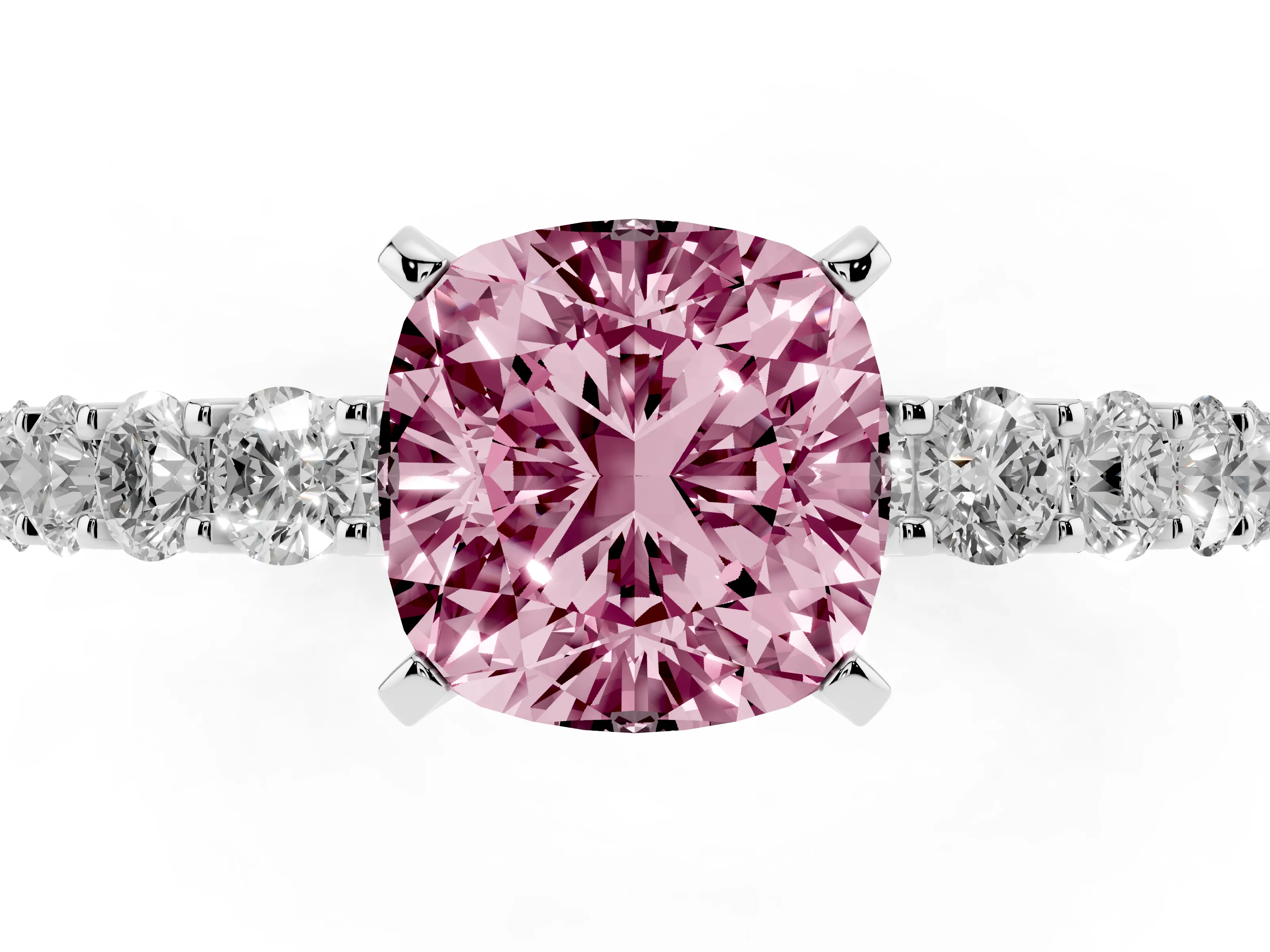 Fancy Pink Cushion Cut Diamond Solitaire Ring Set in Silver with Shared Prong Pavé Band