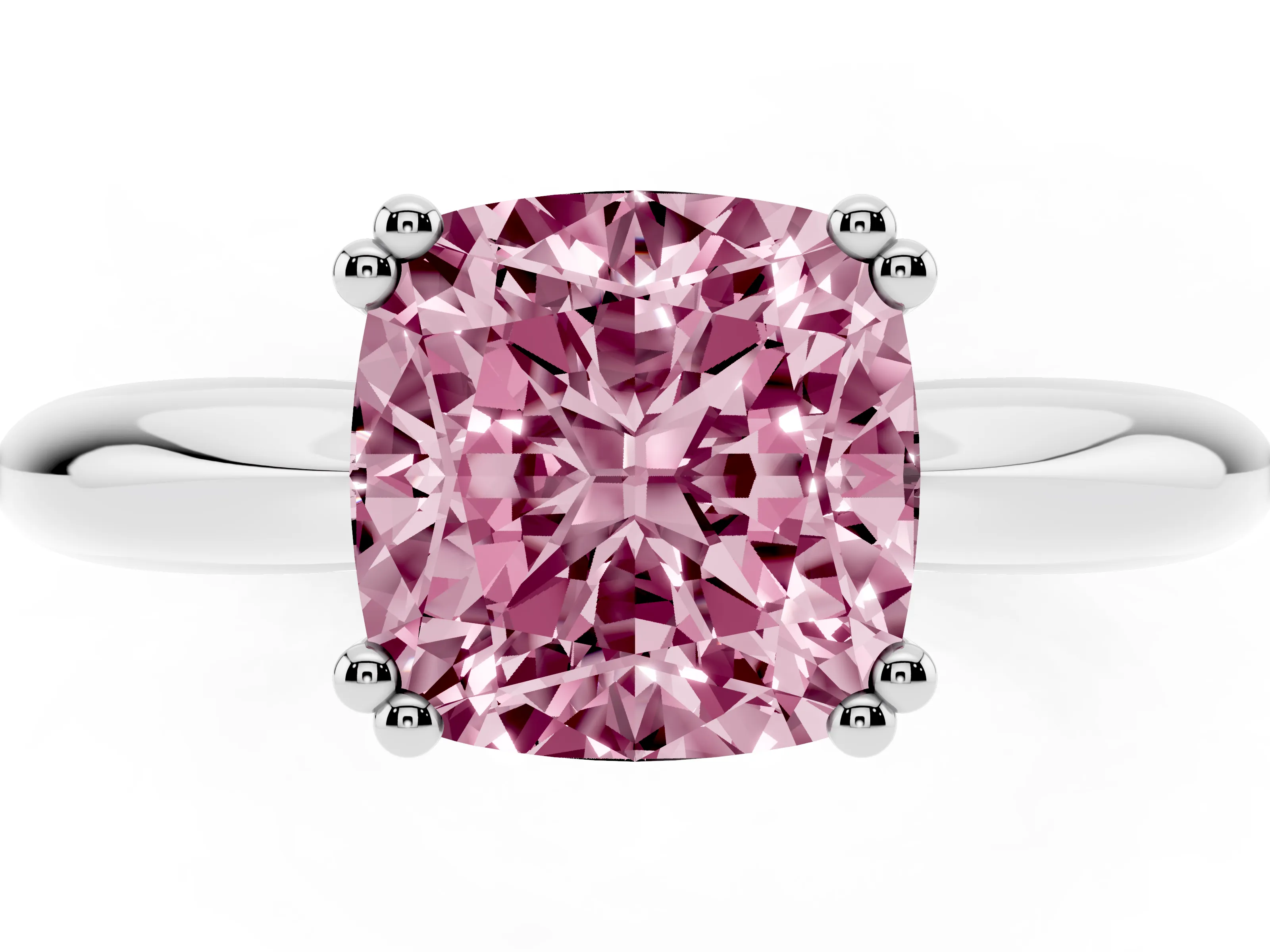 Fancy Pink Cushion Cut Diamond Solitaire Engagement Ring Set in White gold with Tapered Band and Prong Setting