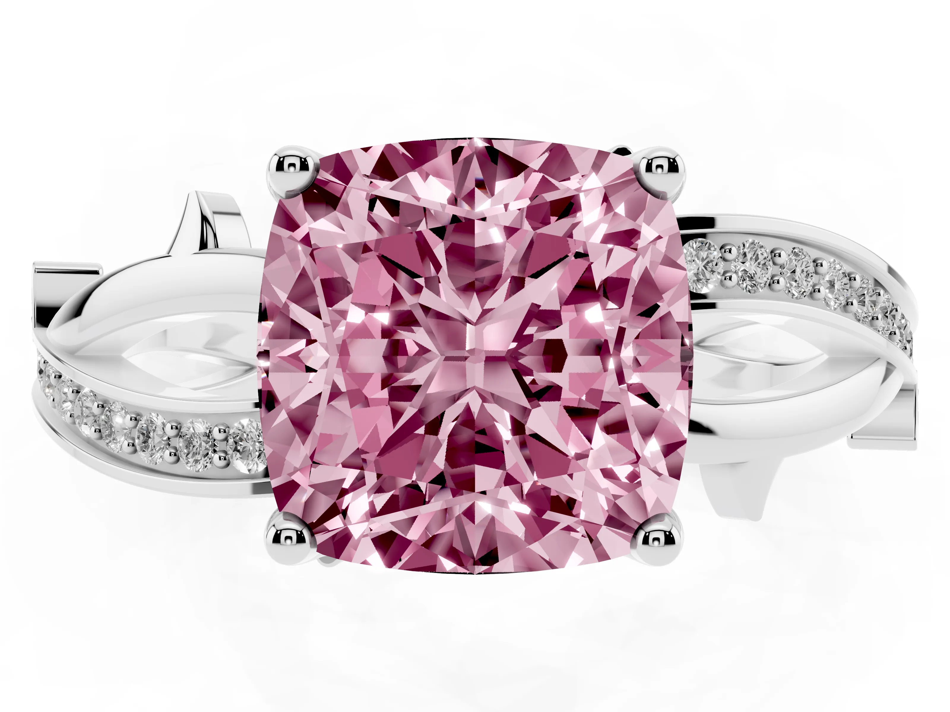 Fancy Pink Cushion Cut Diamond Pavé Twist Band Solitaire Ring Set in Silver with Prong Setting