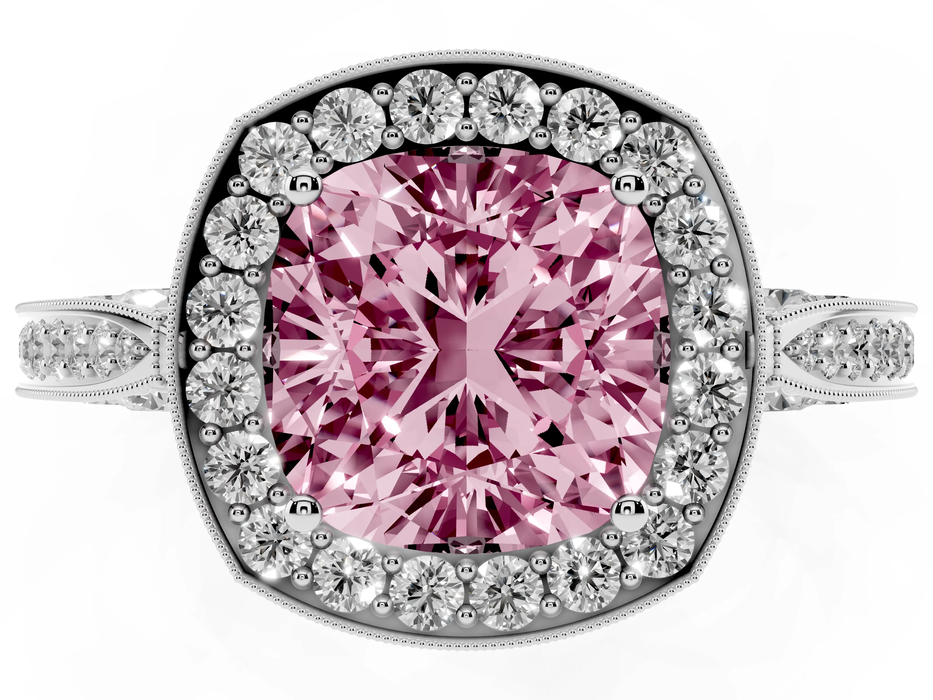 Fancy Pink Cushion Cut Diamond Halo Engagement Ring Set in Silver with Accent Split Shank Band