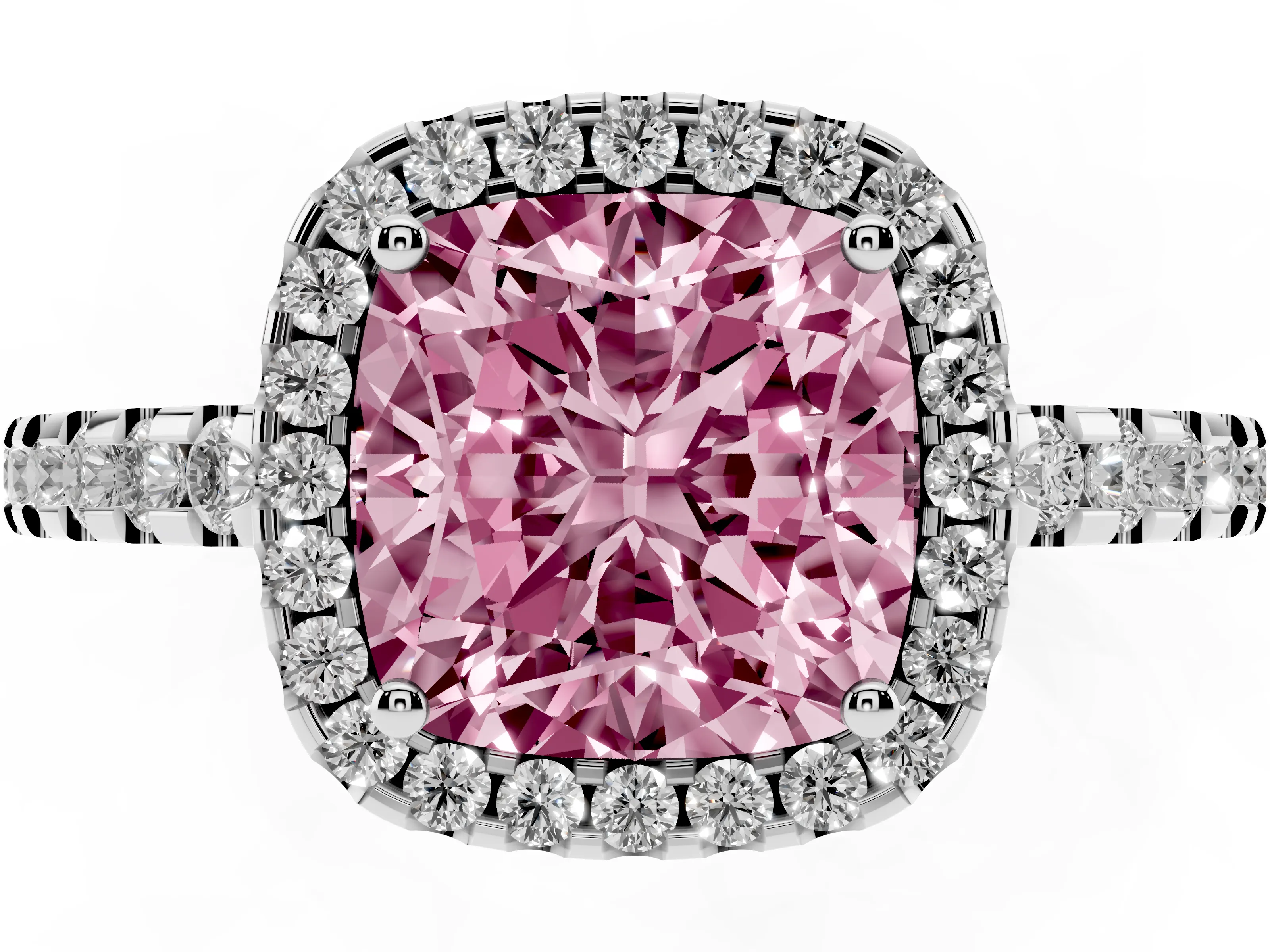 Fancy Pink Cushion Cut Diamond Halo Ring Set in White gold with Pavé Shoulders and Halo-Framed Center