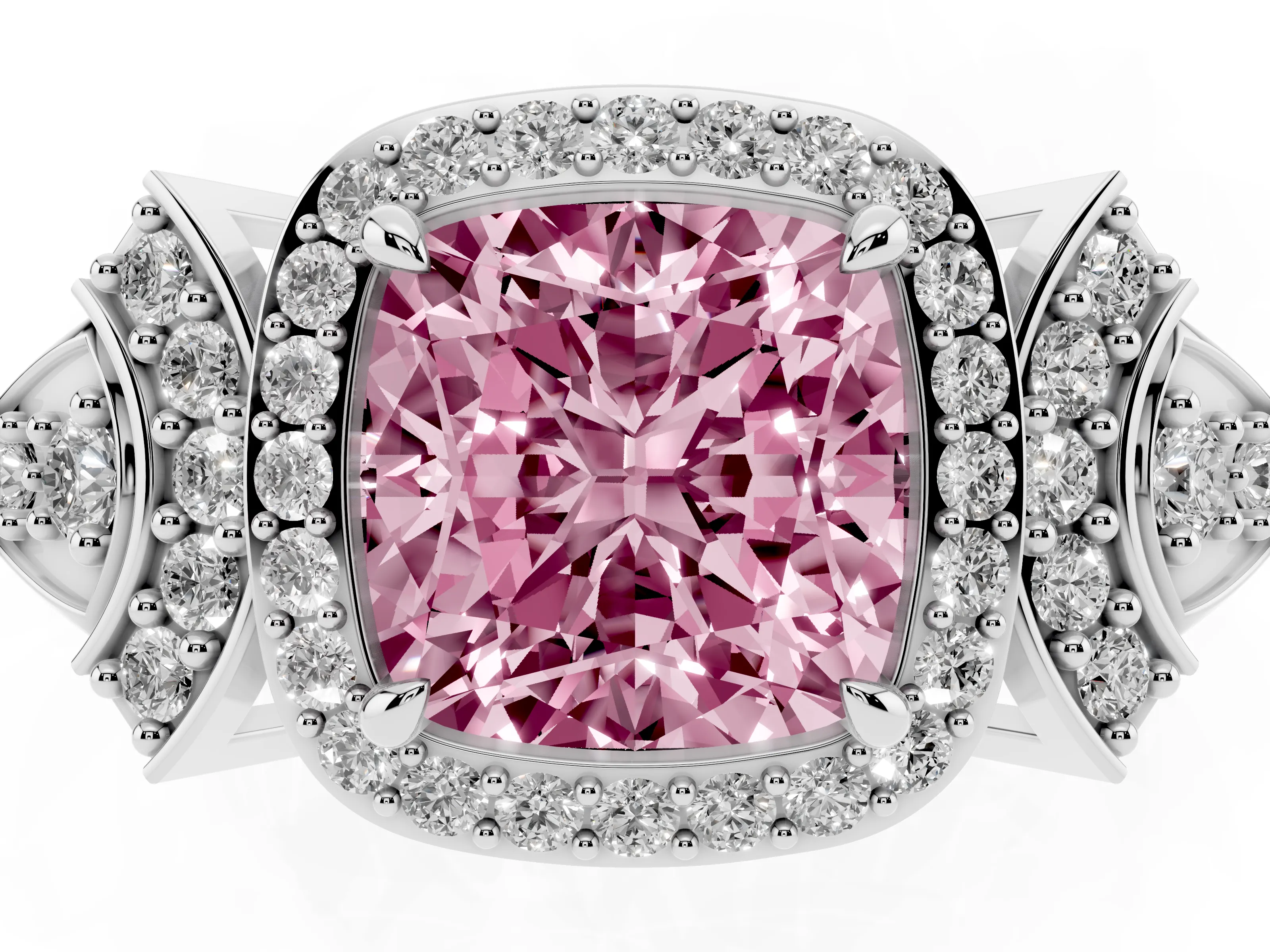Fancy Pink Cushion Cut Diamond Halo Engagement Ring Set in Platinum with Accent Stone Split Shank
