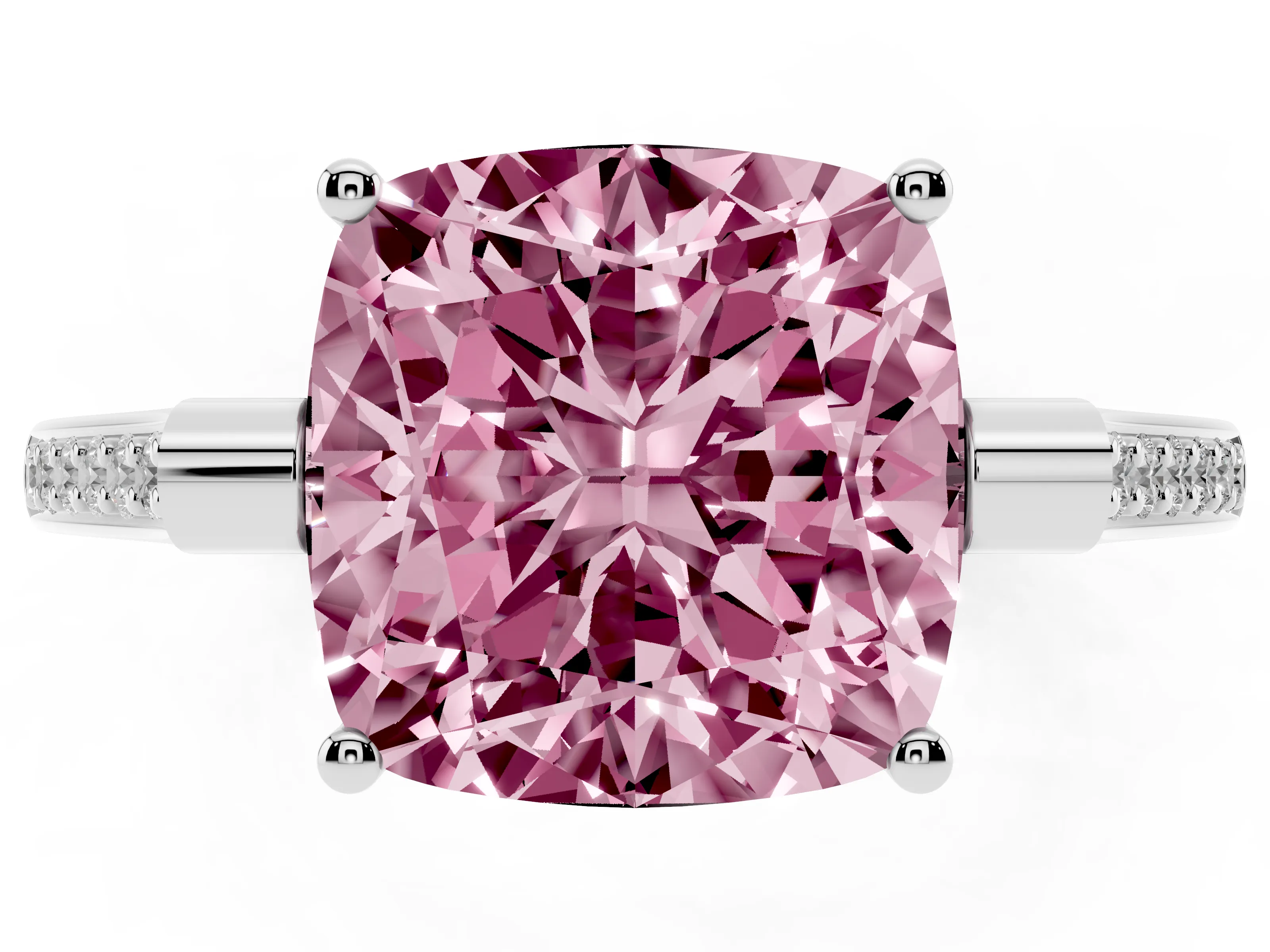 Fancy Pink Cushion Cut Diamond Solitaire Ring Set in White gold with Channel Set Band and Bezel Prong Setting