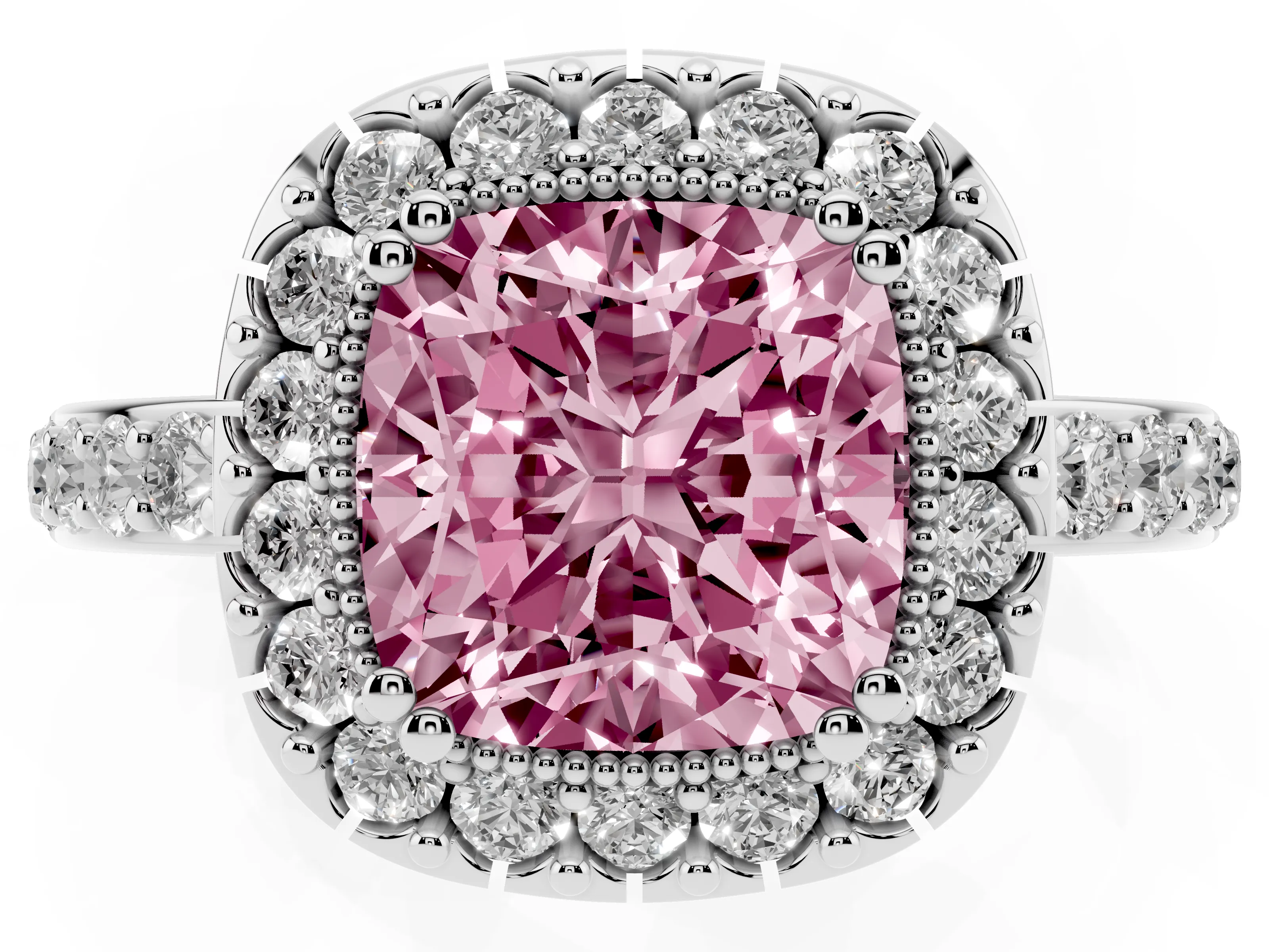 Fancy Pink Cushion Cut Diamond Halo Ring Set in White gold with Pavé Shank and Prong Setting