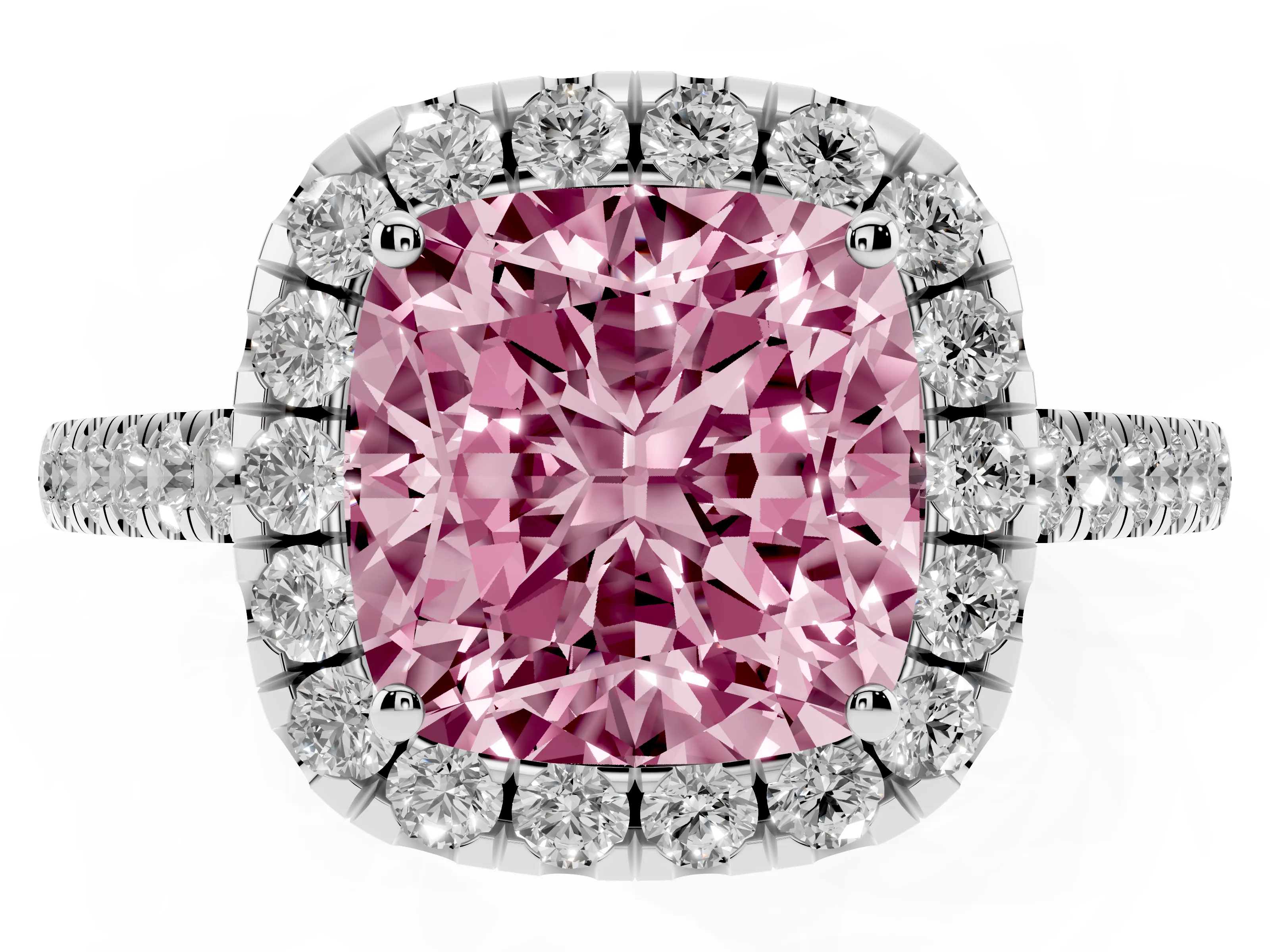 Fancy Pink Cushion Cut Diamond Halo Pavé Engagement Ring Set in White gold with Prong Setting