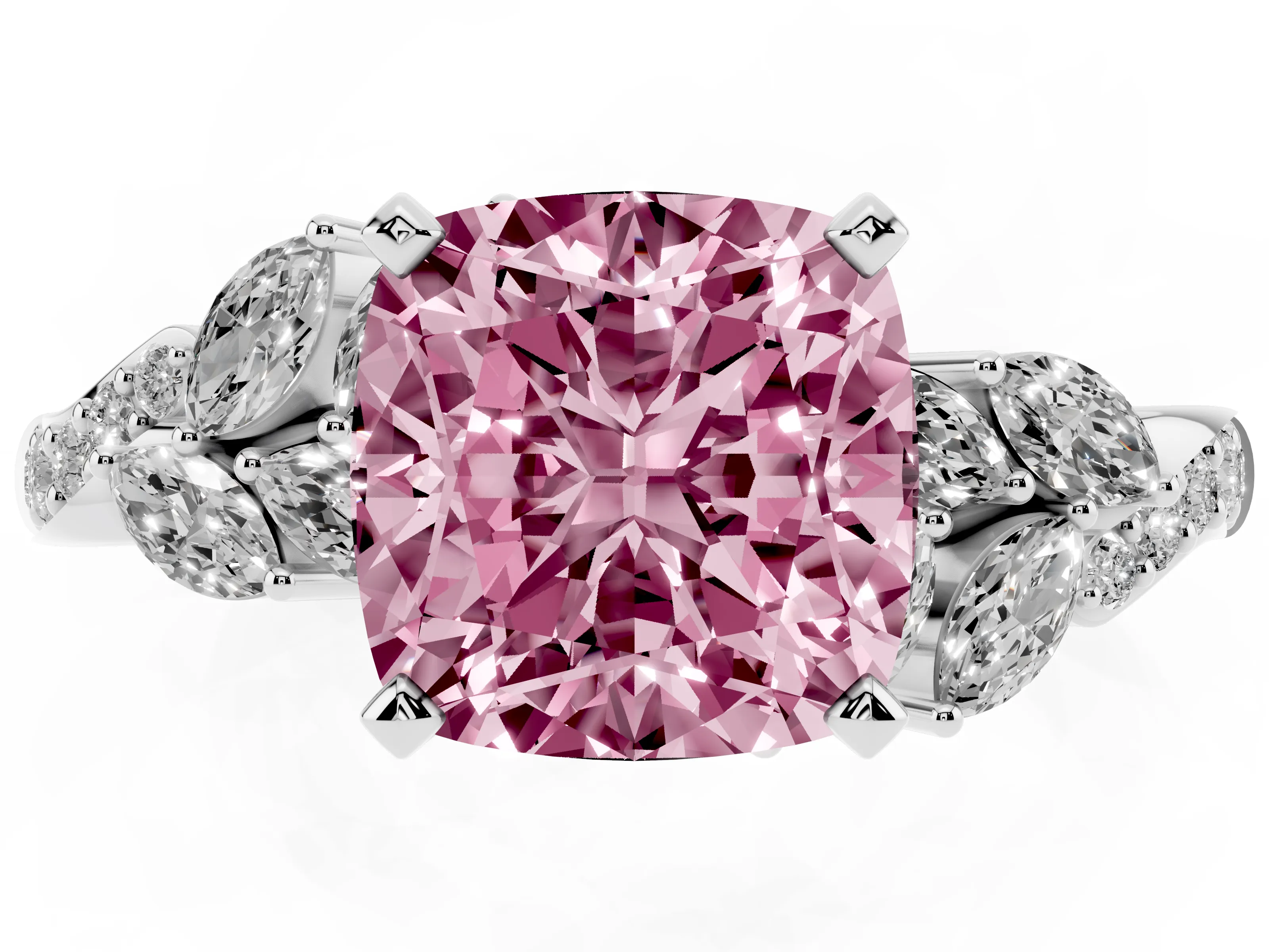 Fancy Pink Cushion Cut Diamond Solitaire Ring Set in White gold with Marquise Twist Band and Prong Setting