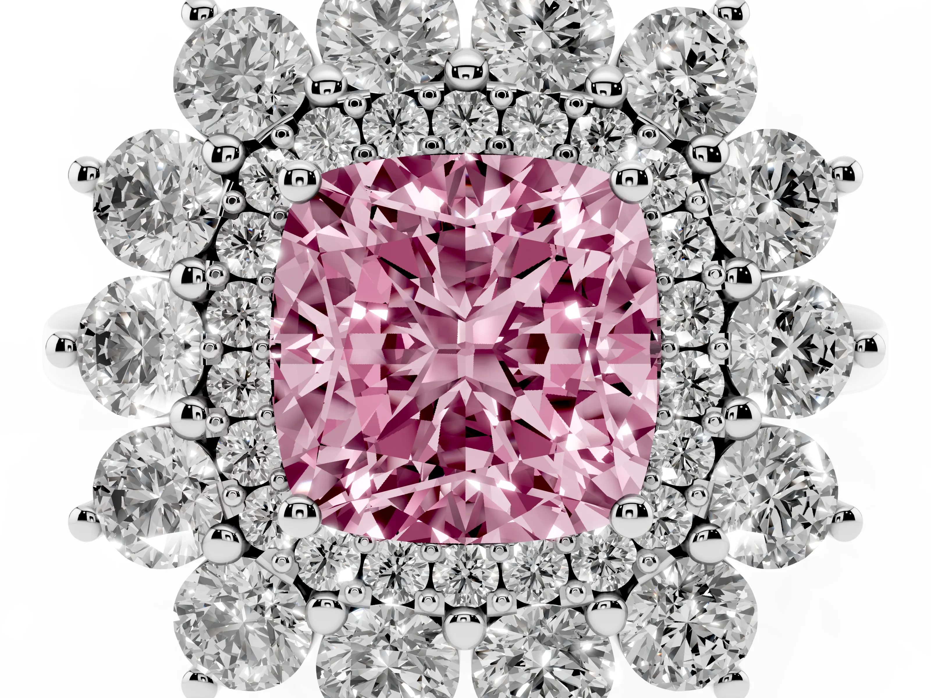 Fancy Pink Cushion Cut Diamond Floral Double Halo Ring Set in White gold with Round Petals
