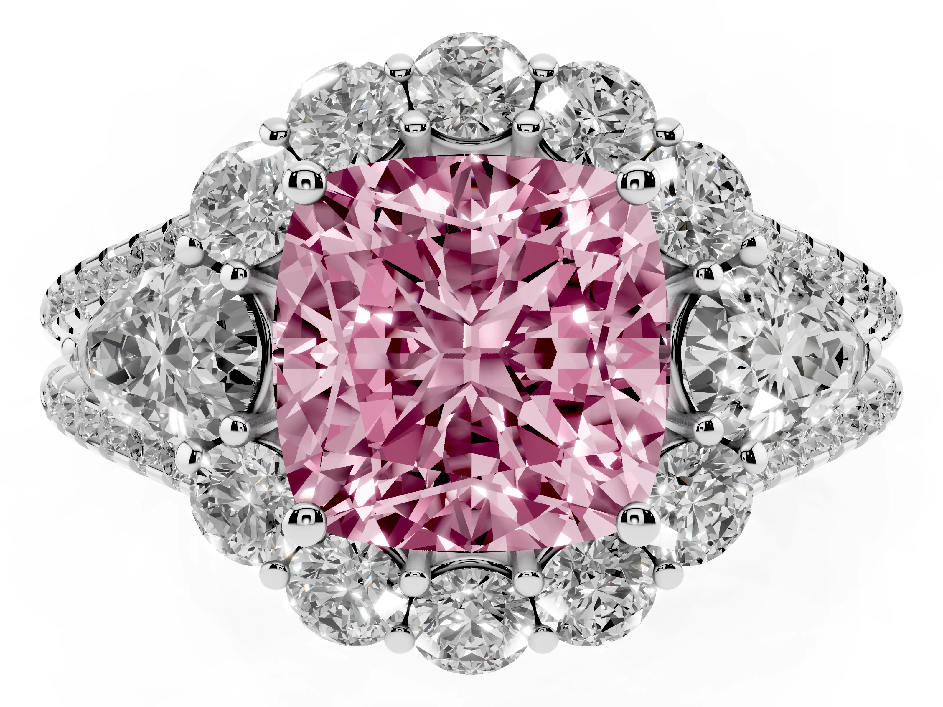 Fancy Pink Cushion Cut Diamond Halo Split Shank Engagement Ring Set in Platinum with Prong-Held Center Stone
