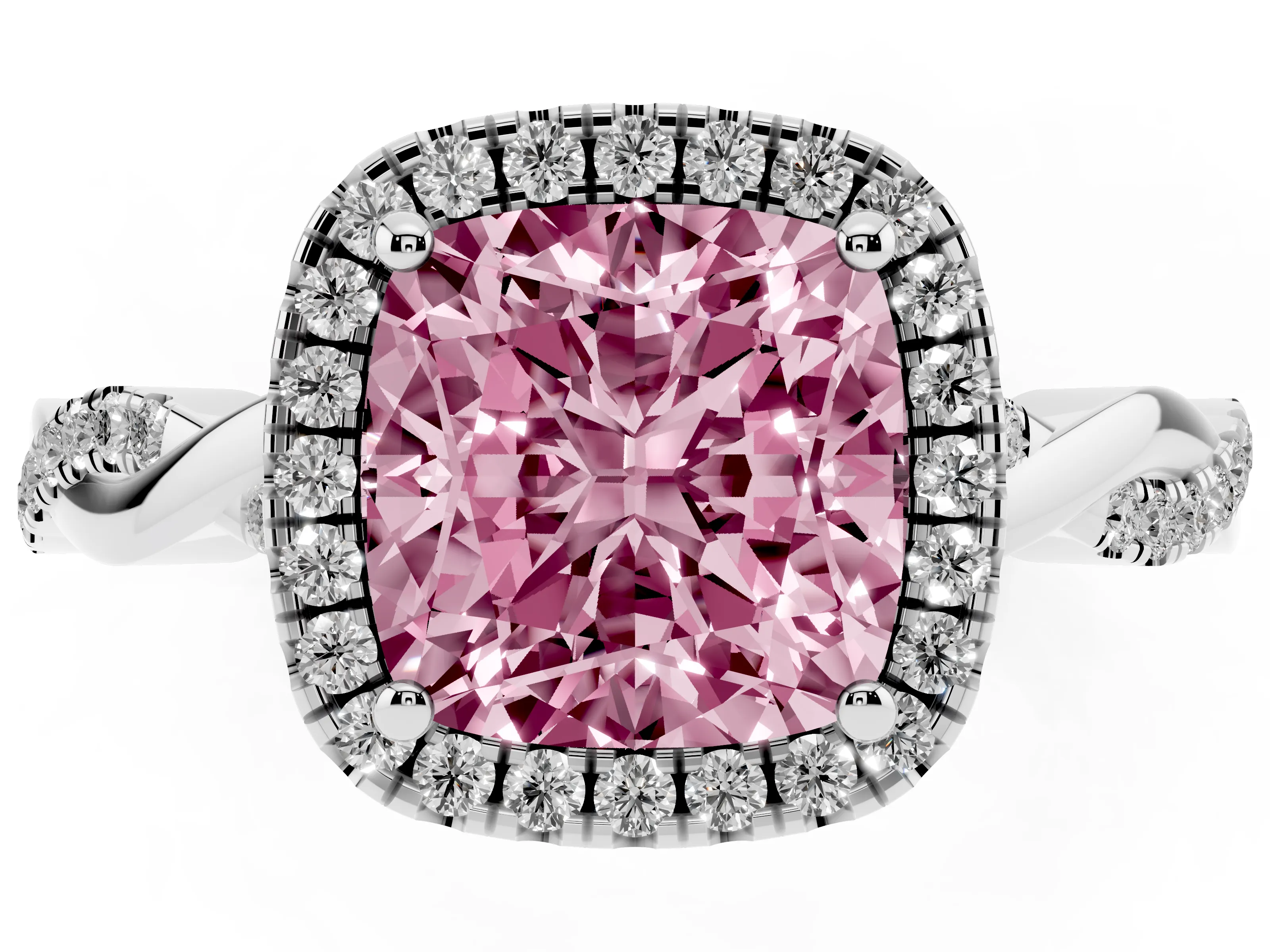 Fancy Pink Cushion Cut Diamond Halo Twisted Band Ring Set in Platinum with Prong Setting