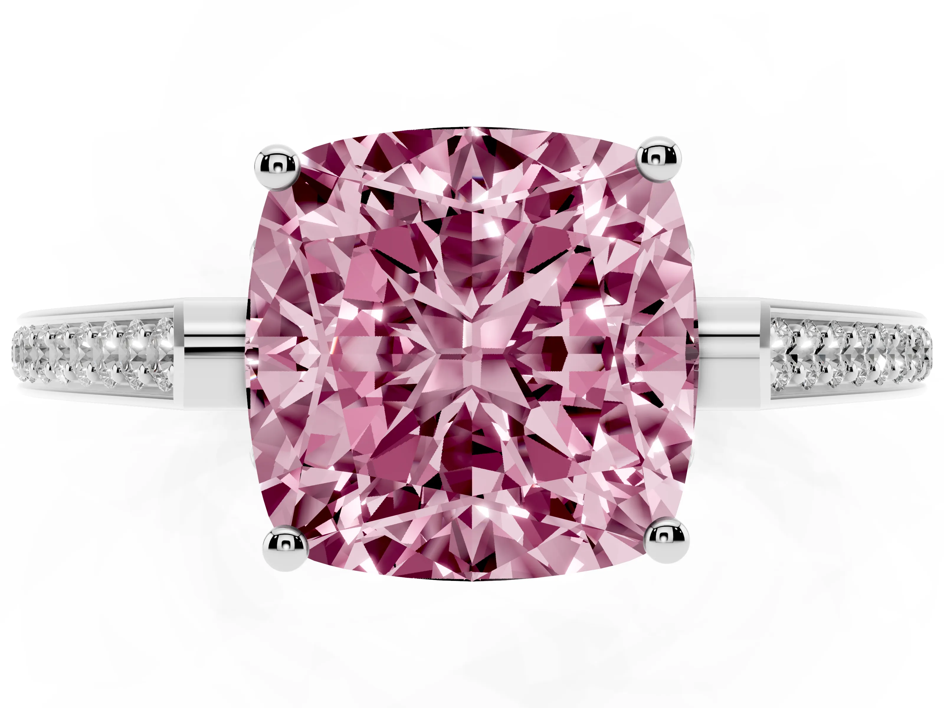 Fancy Pink Cushion Cut Diamond Cathedral Pavé Engagement Ring Set in Platinum with Prong Setting
