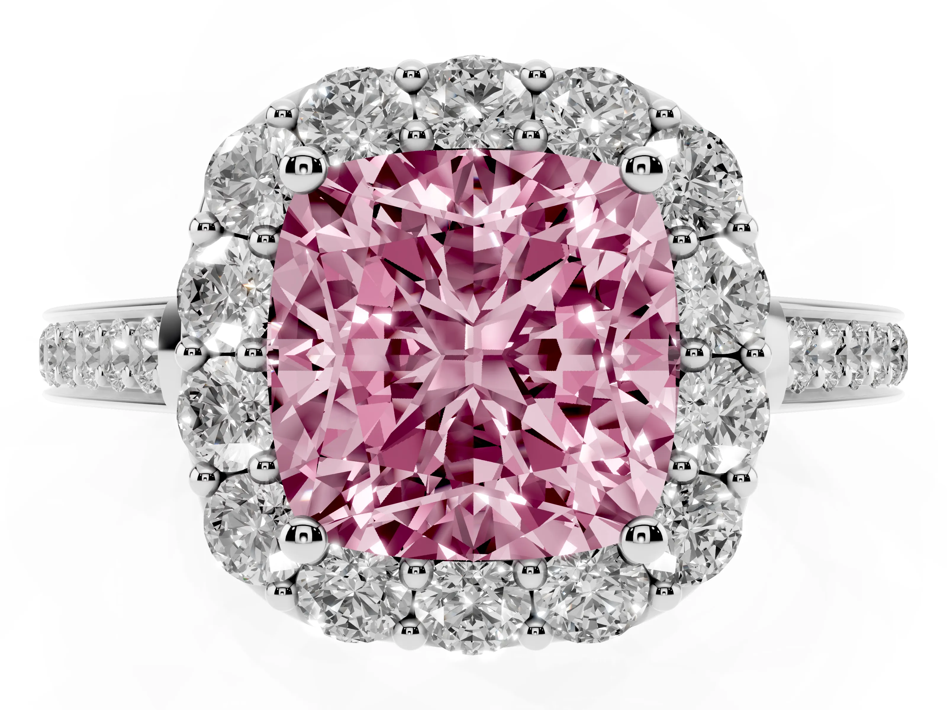Fancy Pink Cushion Cut Diamond Floral Halo Ring Set in White gold with Pavé Band and Prong Setting