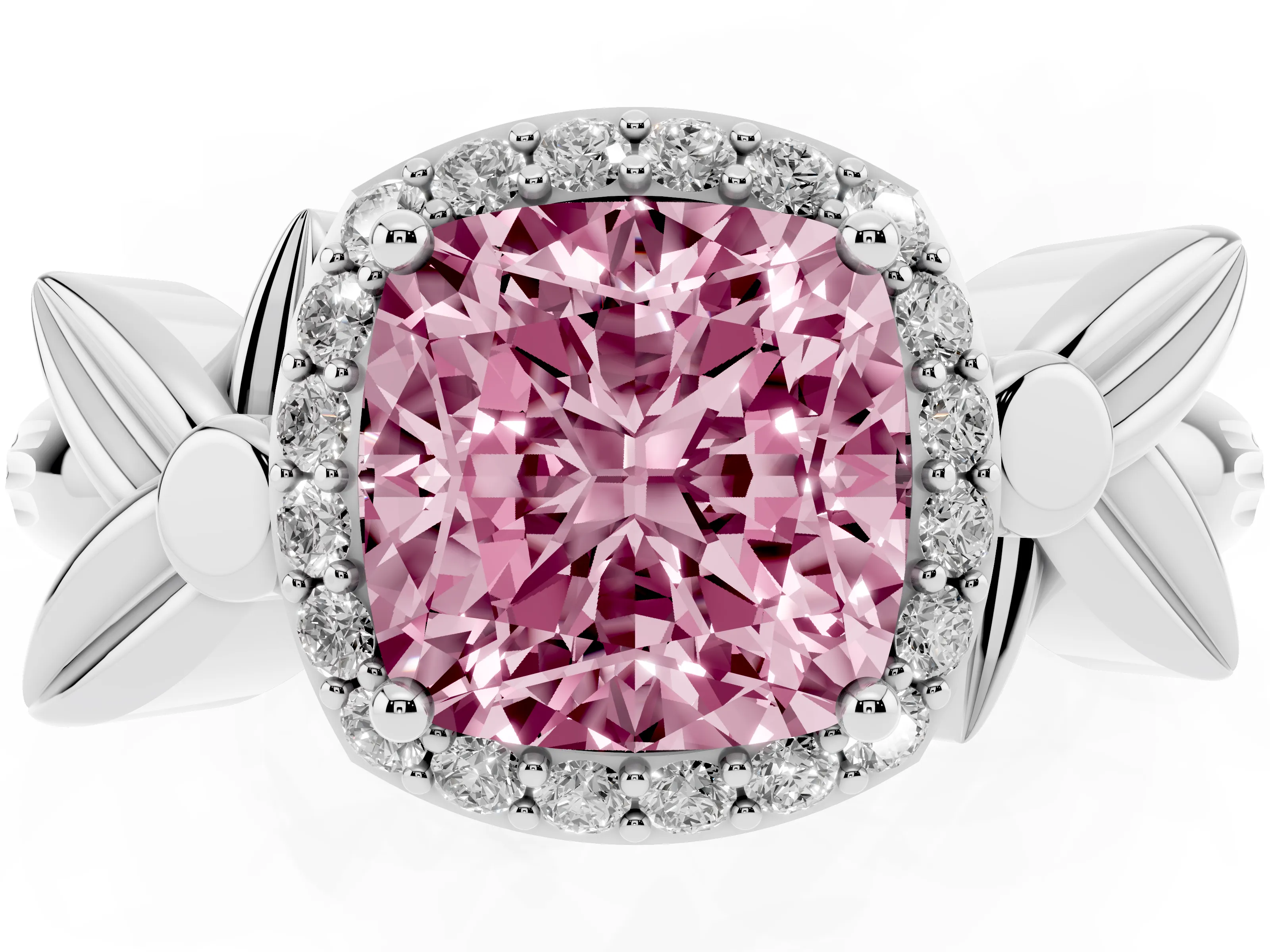 Fancy Pink Cushion Cut Diamond Halo Floral Band Ring Set in Platinum with Prong Setting