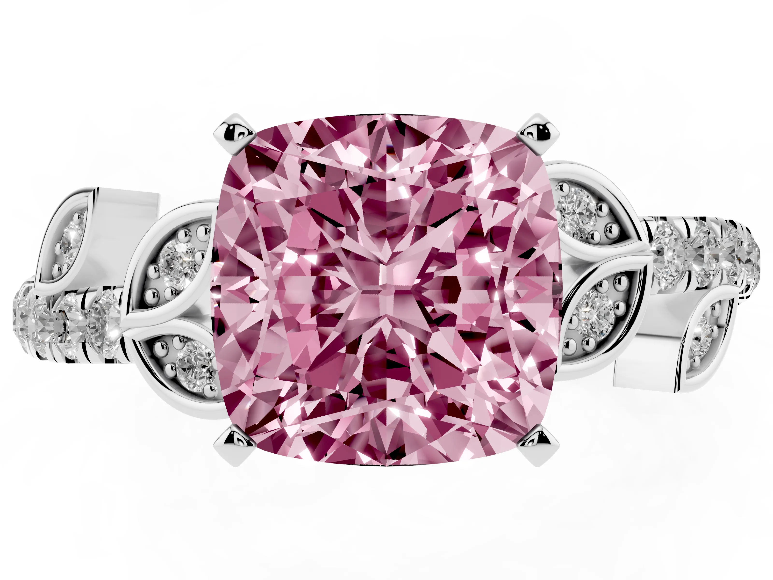 Fancy Pink Cushion Cut Diamond Solitaire Leaf-Inspired Ring Set in Silver with Pavé Band and Prong Setting