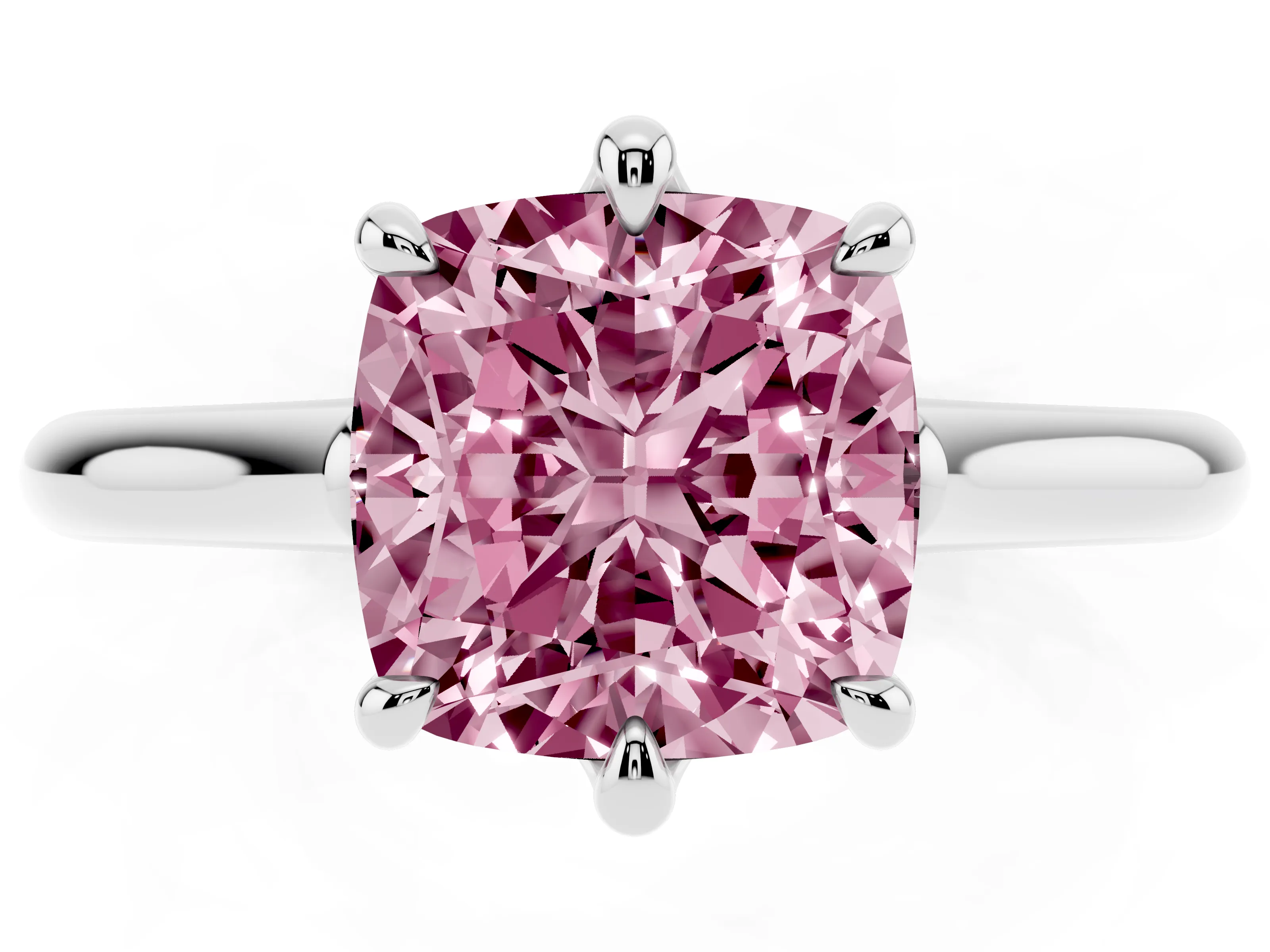 Fancy Pink Cushion Cut Diamond Solitaire Engagement Ring Set in White gold with Prong Setting and Plain Classic Band