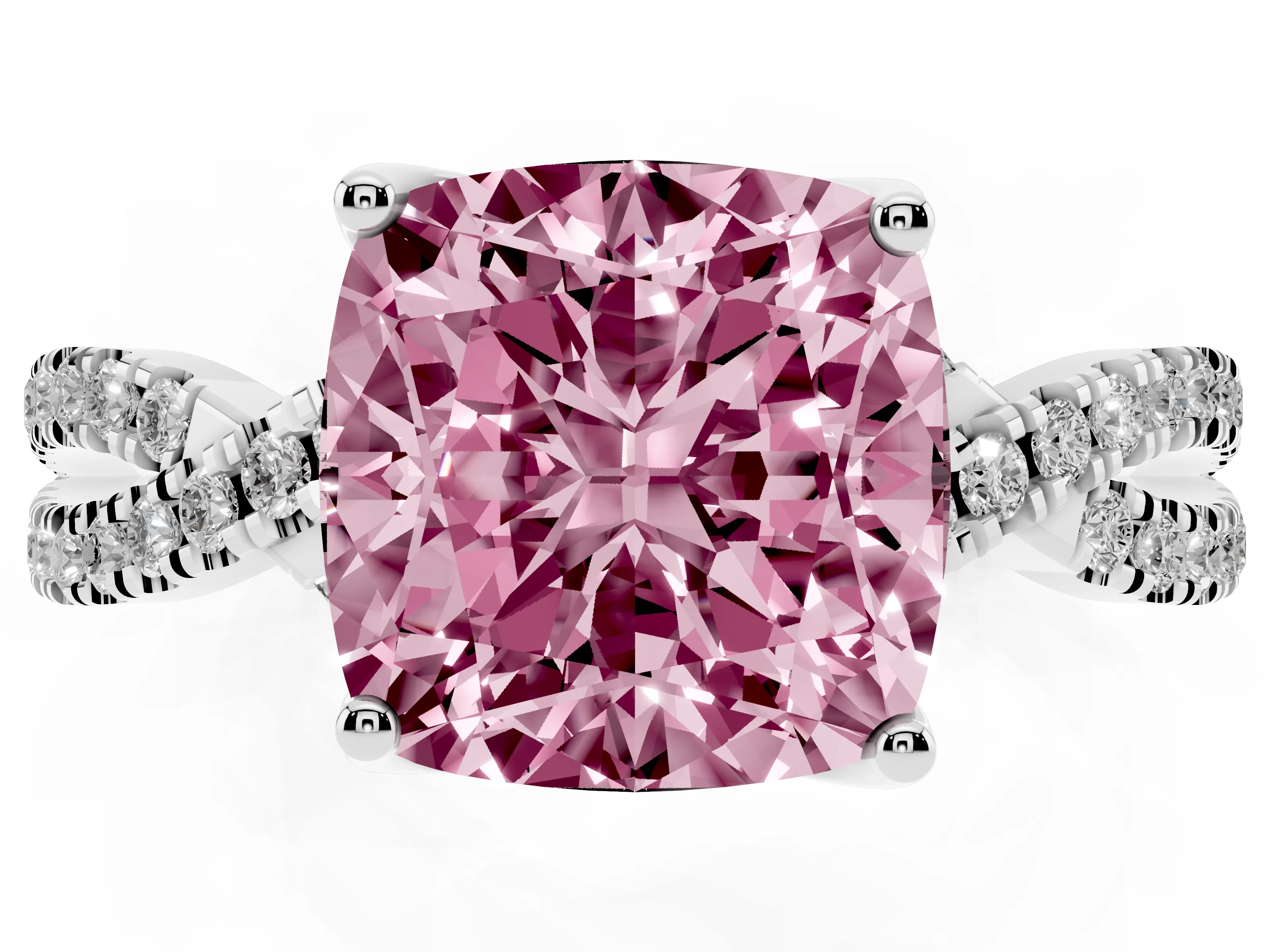 Fancy Pink Cushion Cut Diamond Twist Pavé Solitaire Engagement Ring Set in White gold with Prong Setting