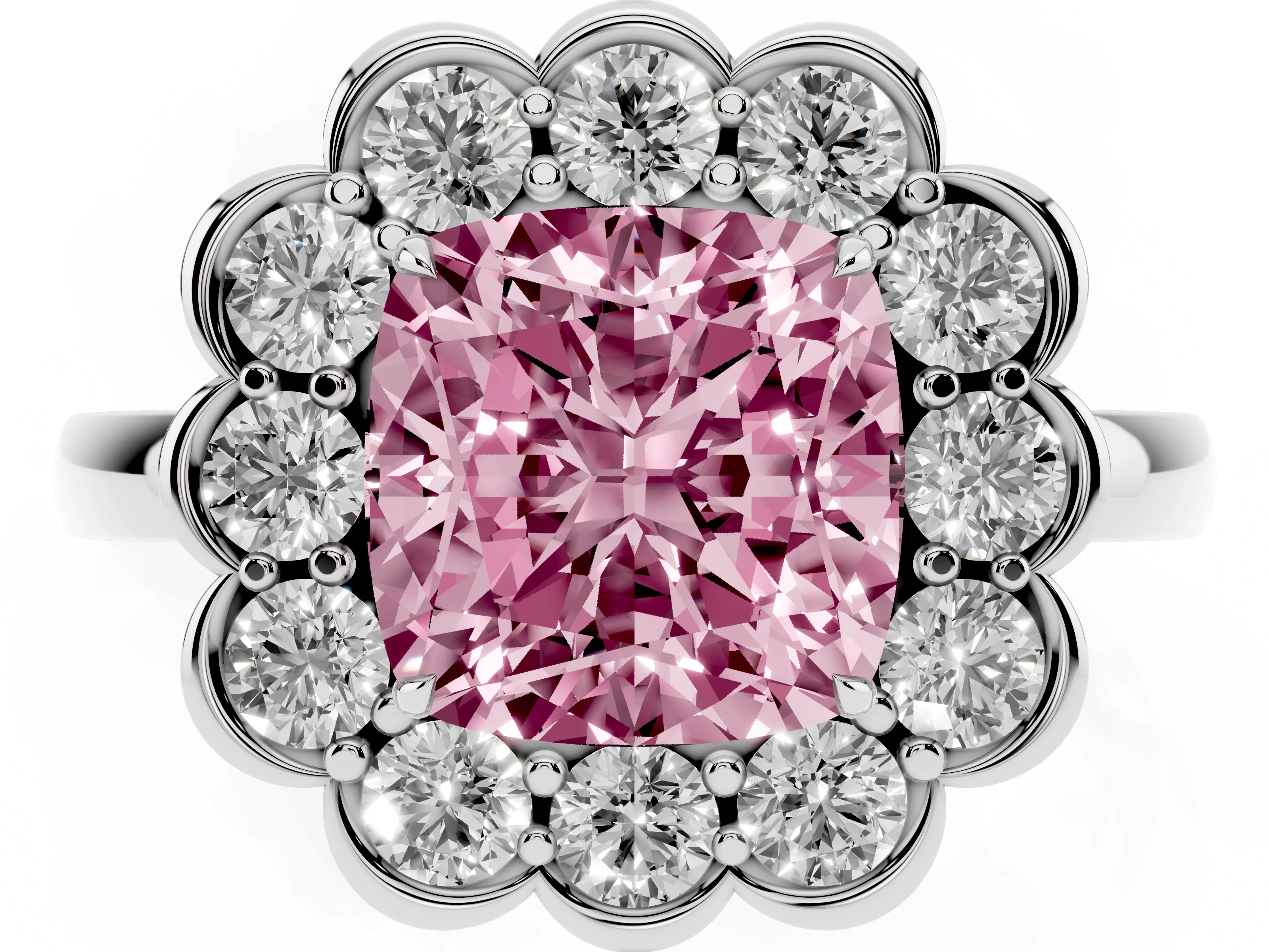 Fancy Pink Cushion Cut Diamond Halo Cluster Engagement Ring Set in Platinum with Solitaire Band and Prong Setting