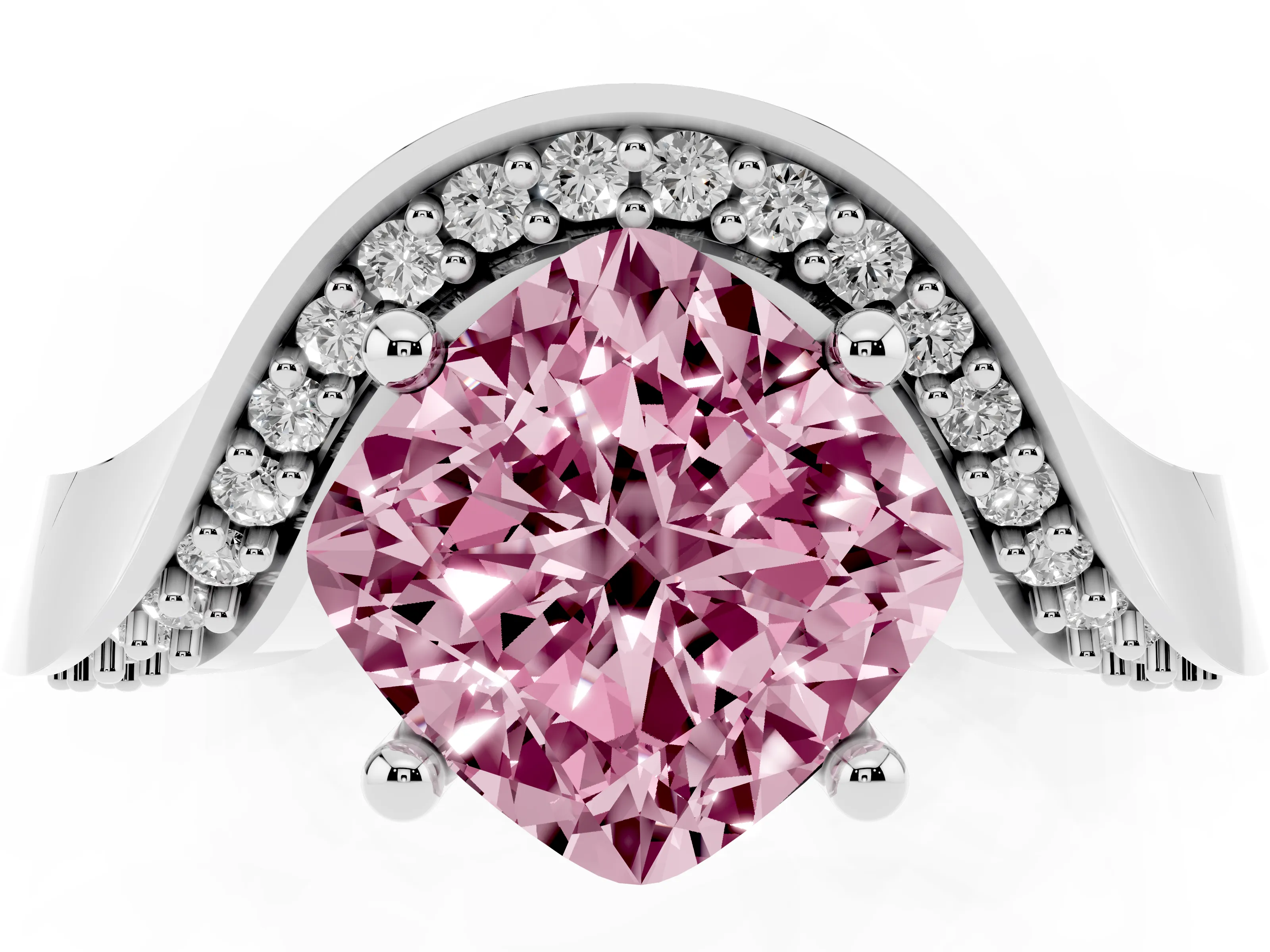Fancy Pink Cushion Cut Diamond Solitaire Engagement Ring Set in White gold with Pavé Shoulders