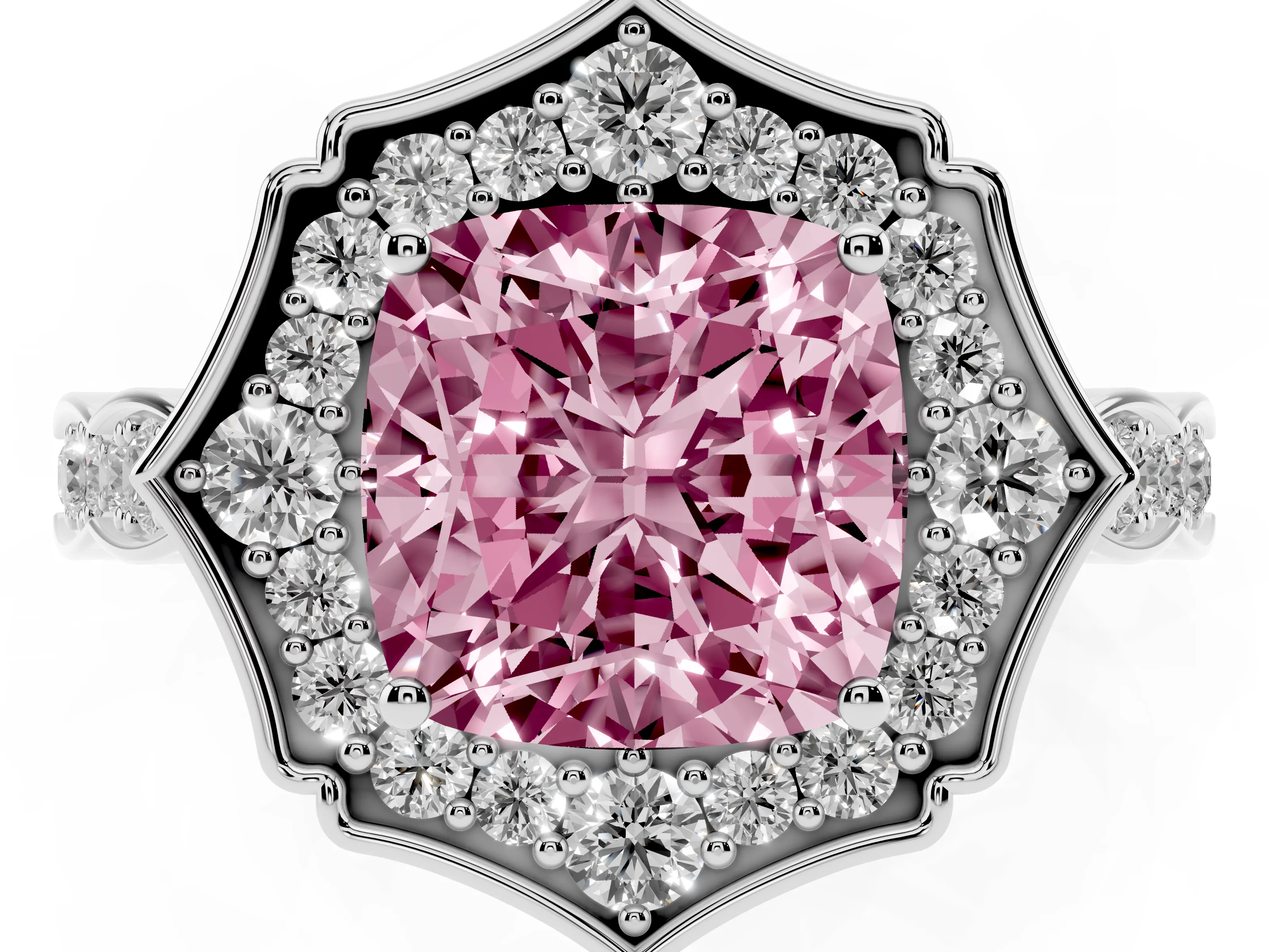 Fancy Pink Cushion Cut Diamond Halo Engagement Ring Set in Platinum with Milgrain Band and Prong Setting