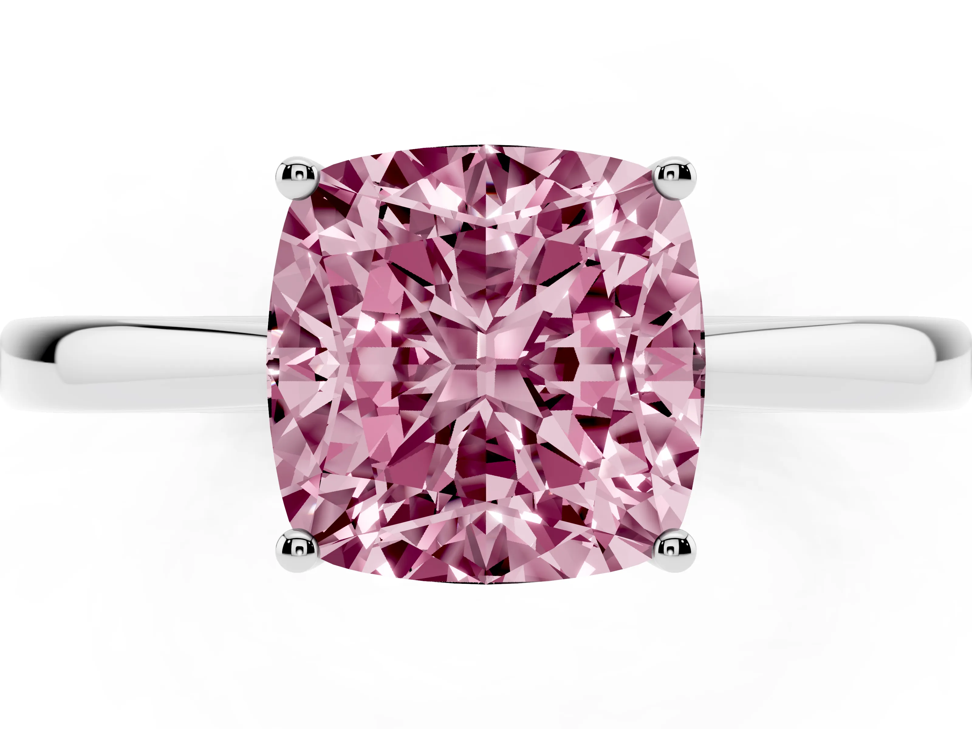 Fancy Pink Cushion Cut Diamond Solitaire Ring Set in Silver with Split Shank and Prong Setting
