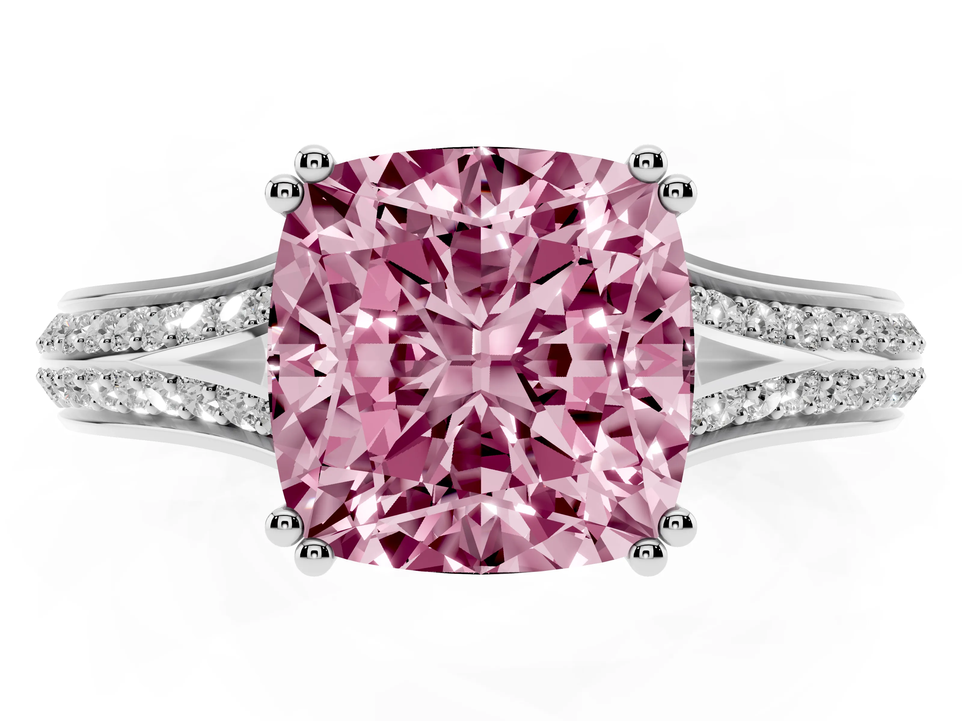 Fancy Pink Cushion Cut Diamond Split Shank Pavé Engagement Ring Set in White gold with Prong-Set Center Stone