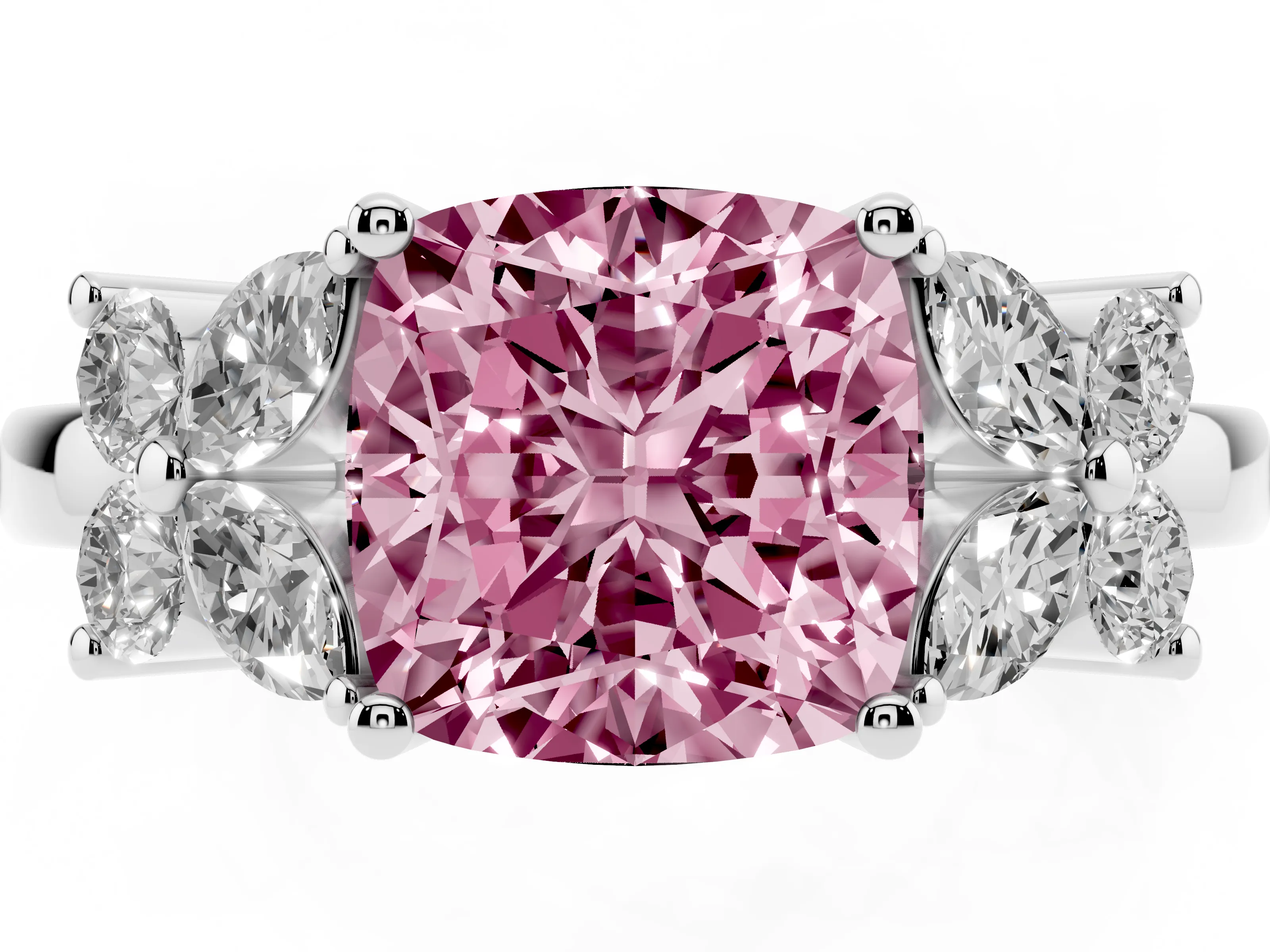 Fancy Pink Cushion Cut Diamond Floral Cluster Ring Set in Silver with Marquise Petals and Prong Setting