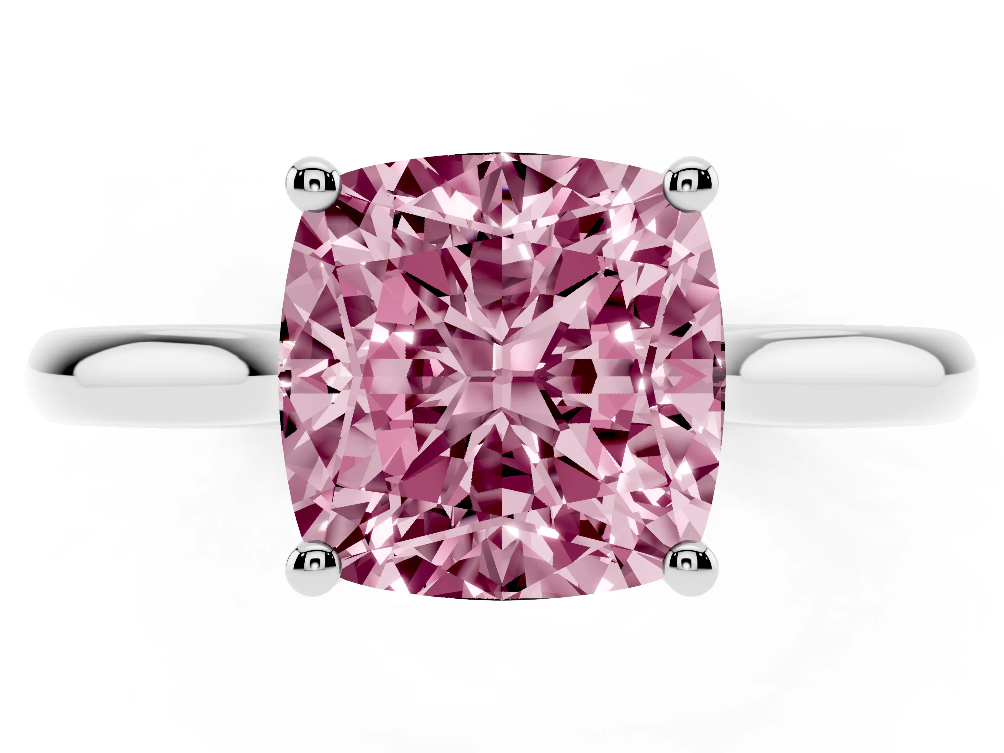 Fancy Pink Cushion Cut Diamond Solitaire Ring Set in Silver with Cathedral Band and Prong Setting