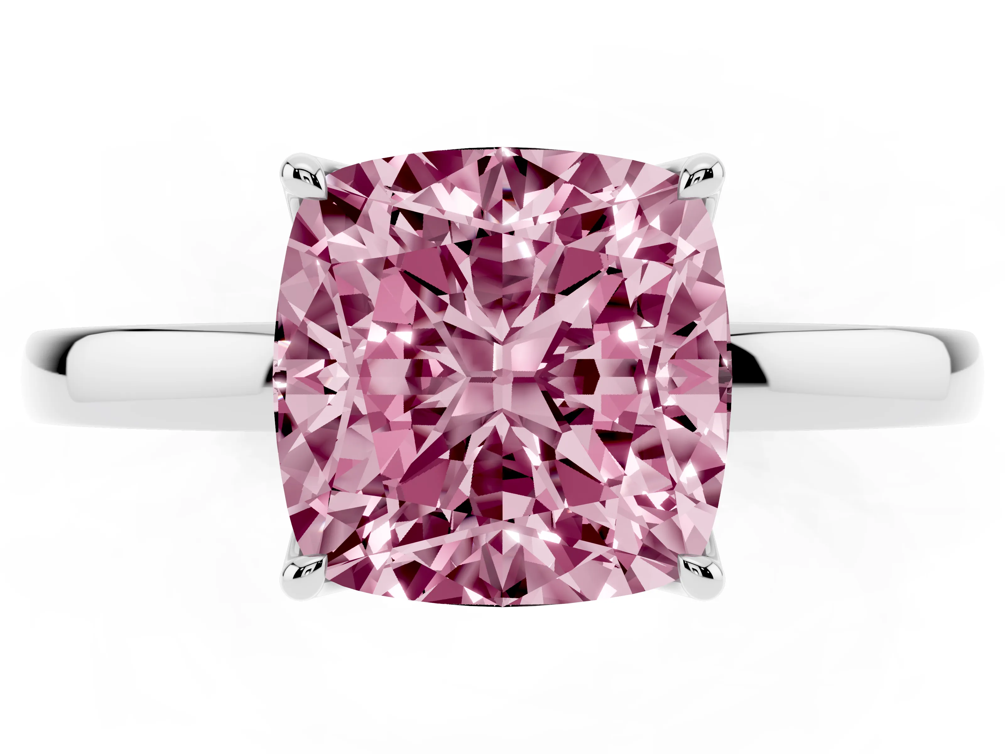 Fancy Pink Cushion Cut Diamond Solitaire Ring Set in White gold with Prong Setting and Thin Polished Band