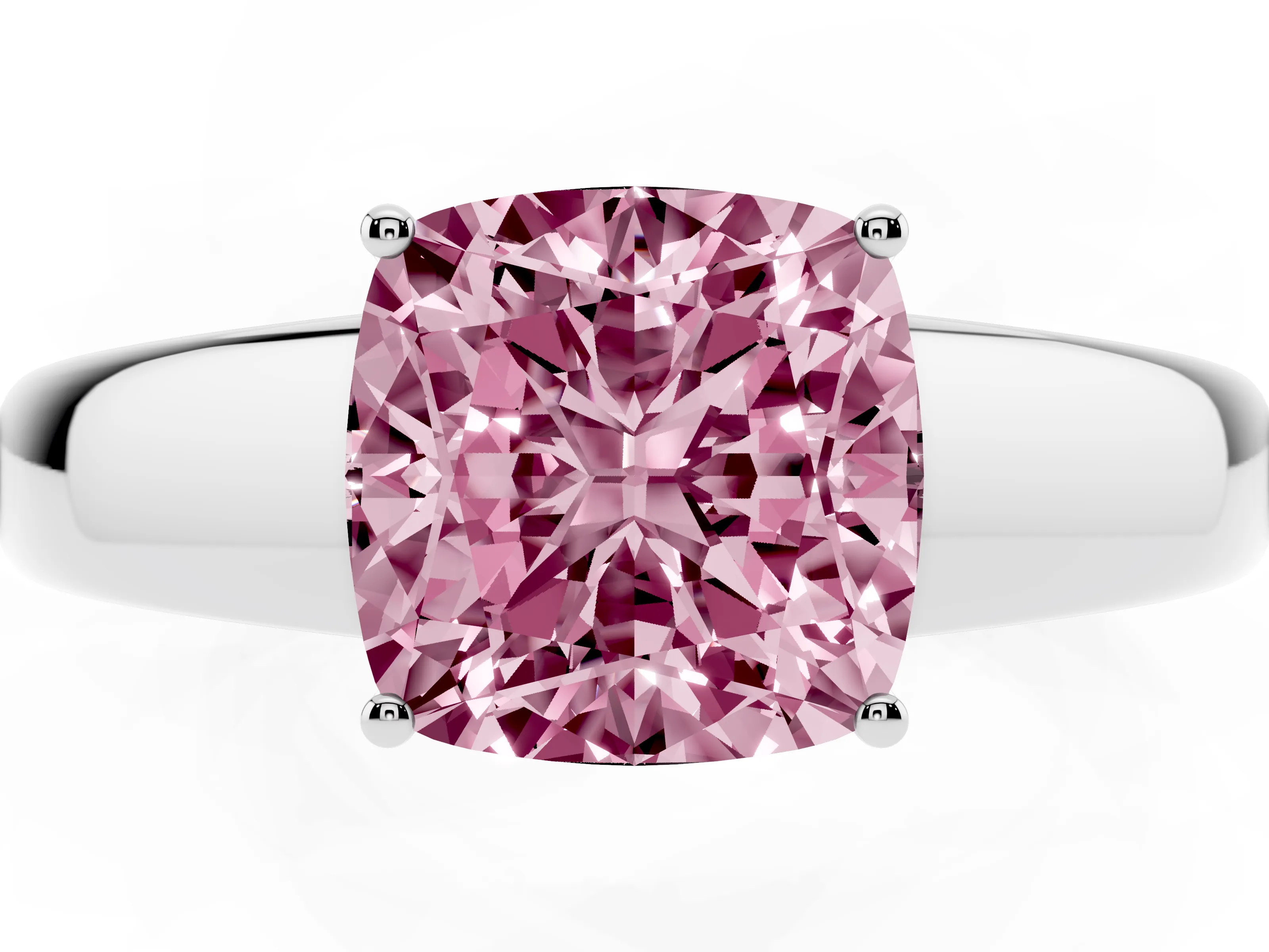 Fancy Pink Cushion Cut Diamond Solitaire Ring Set in White gold with Tapered Band and Prong Setting