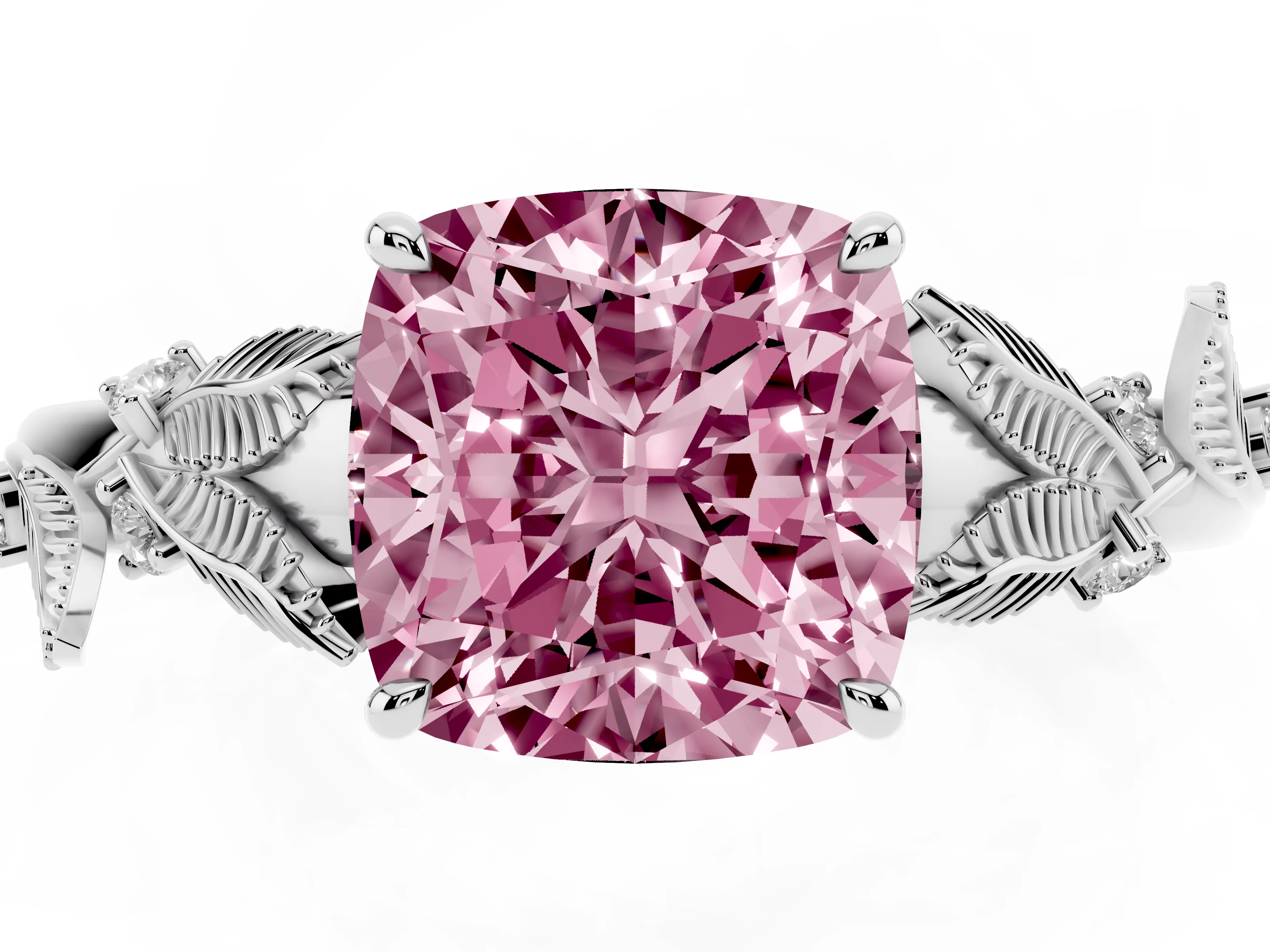Fancy Pink Cushion Cut Diamond Solitaire Ring Set in Silver with Leaf Motif Band