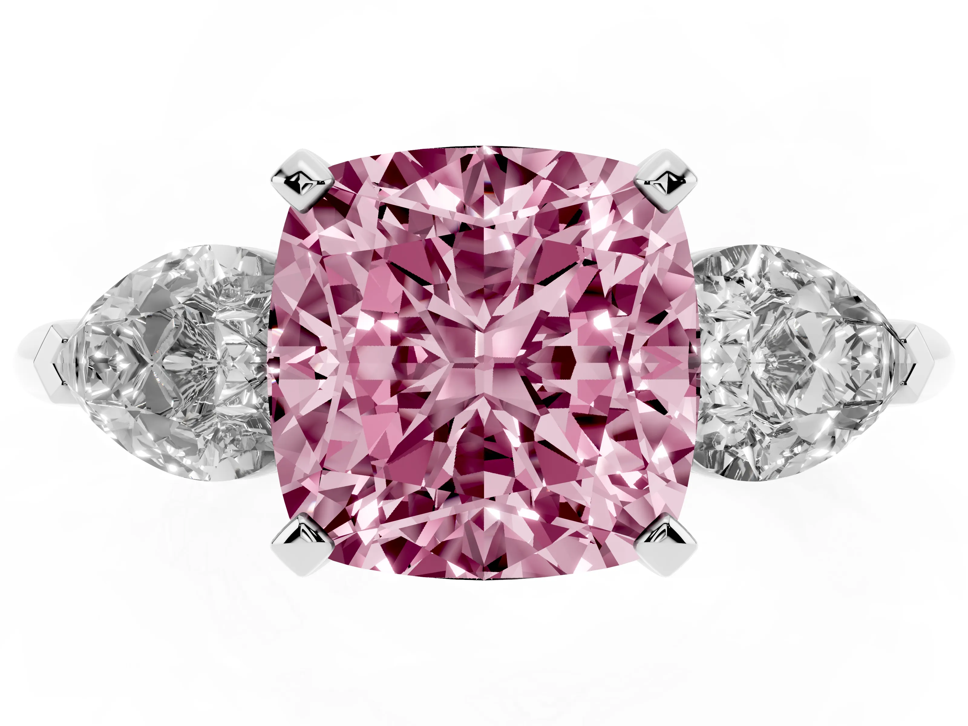 Fancy Pink Three-Stone Cushion Cut Diamond Ring Set in Platinum with Pear Side Stones and Prong Setting
