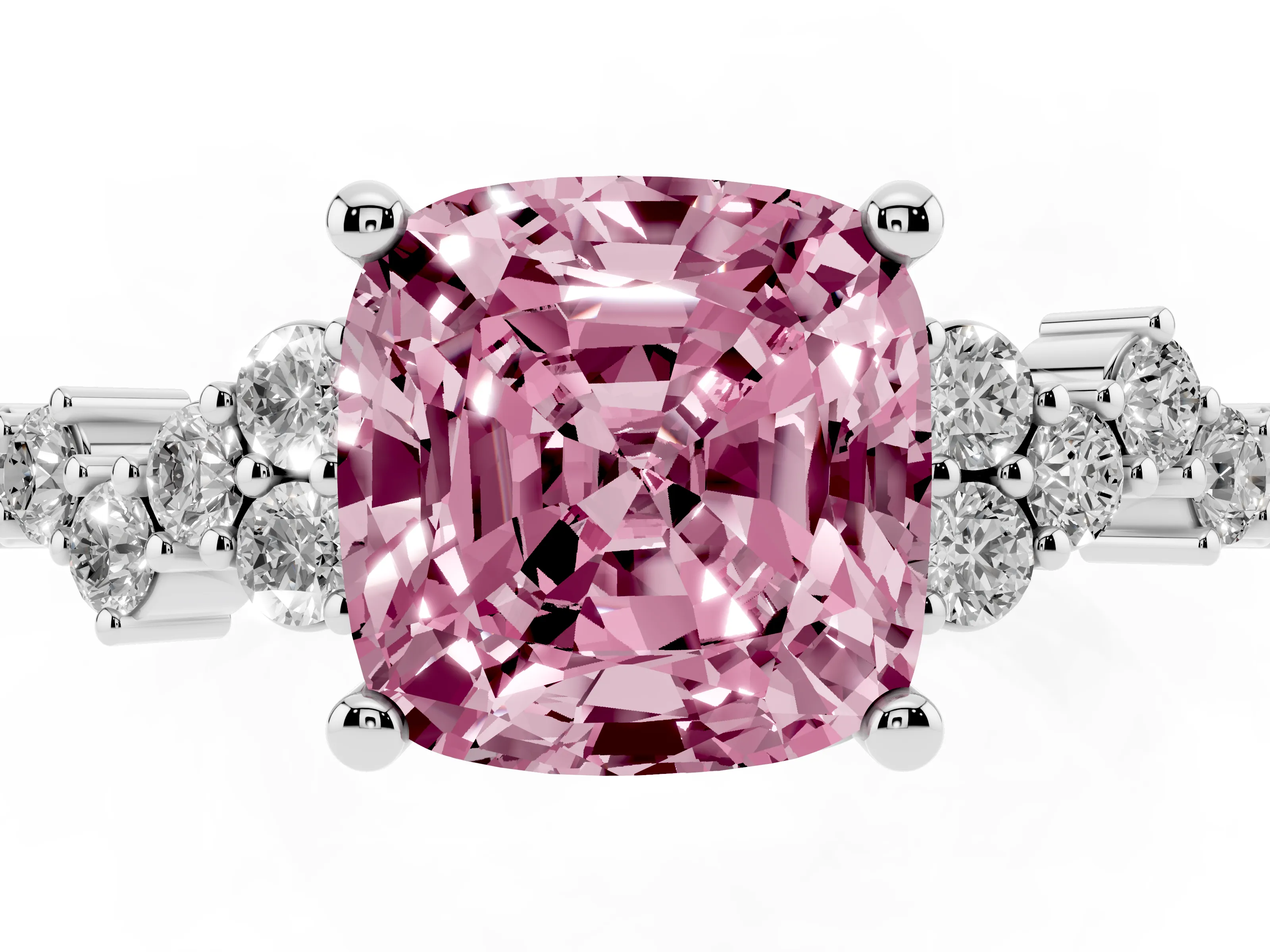Fancy Pink Cushion Cut Diamond Ring Set in White gold with Scattered Round Accents