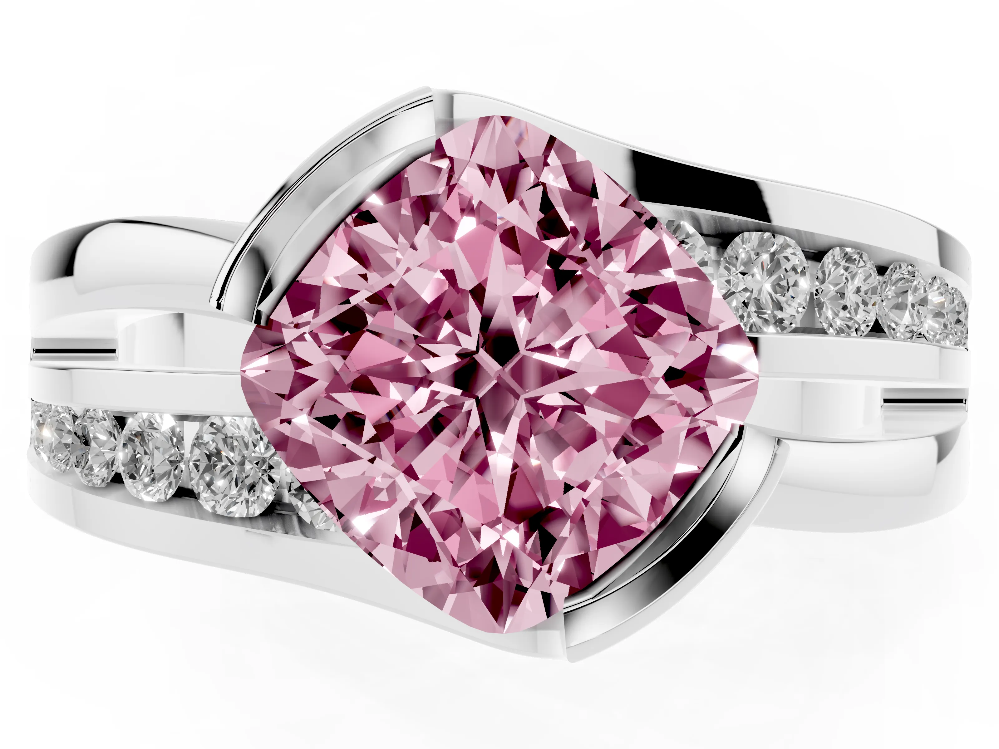 Fancy Pink Cushion Cut Diamond Solitaire Ring Set in White gold with Channel Set Split Shank and Tension Prongs